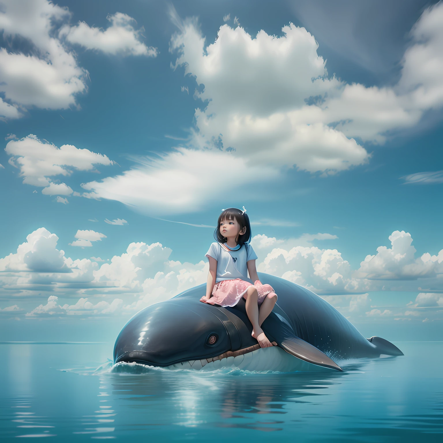 A little Asian girl sits on sperm
whale, In the magnificent sea. joyfuland optimistic.The sky is blue and clean. Surreal photography. --AR 3:4