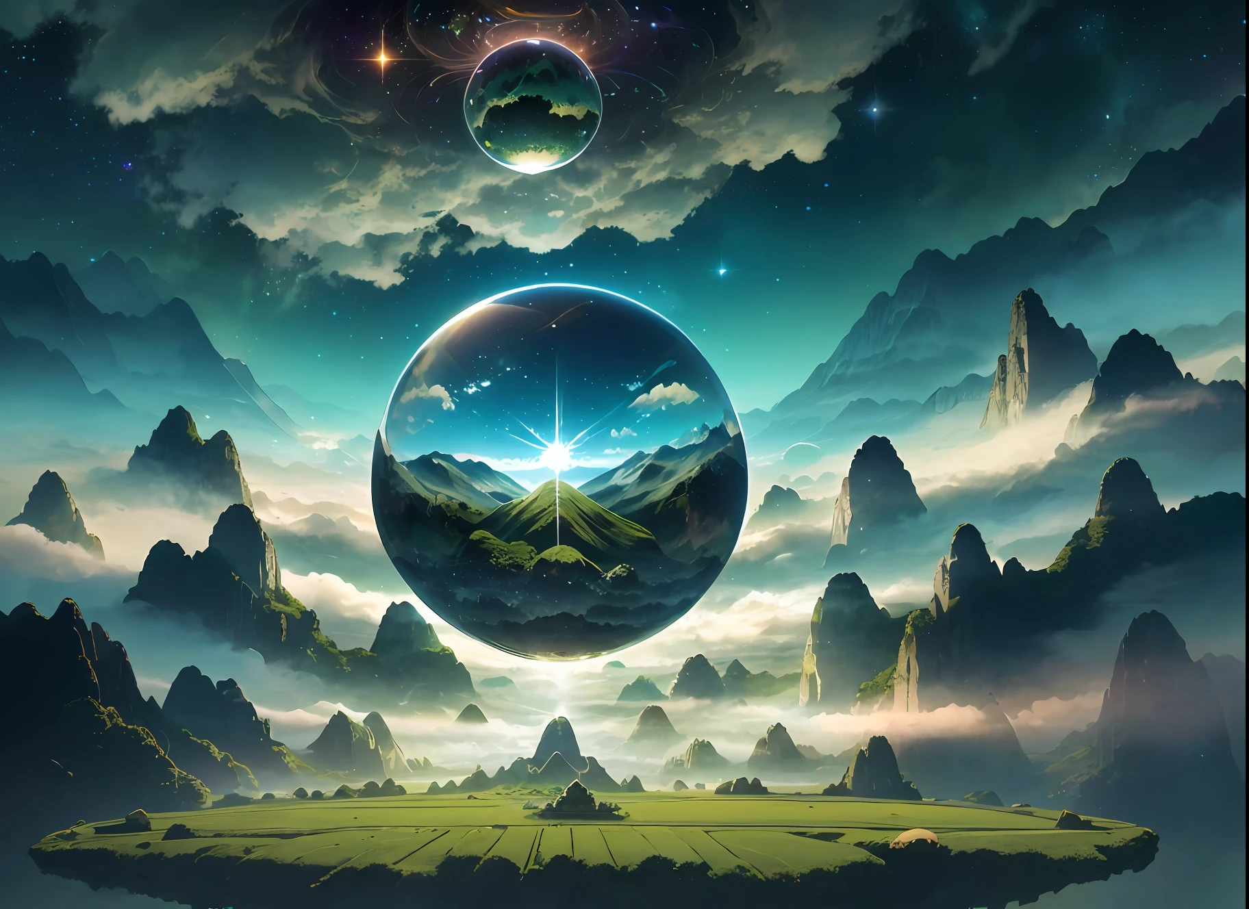 A giant mirror sphere floating in space, flickering lights, sad hamster lost (heaven like green fields surrounded by high mountains and clouds:1.3), particles in the air, god rays, stars in the background, intricate fractals, detailed, (illustration), masterpiece, high resolution, best quality.