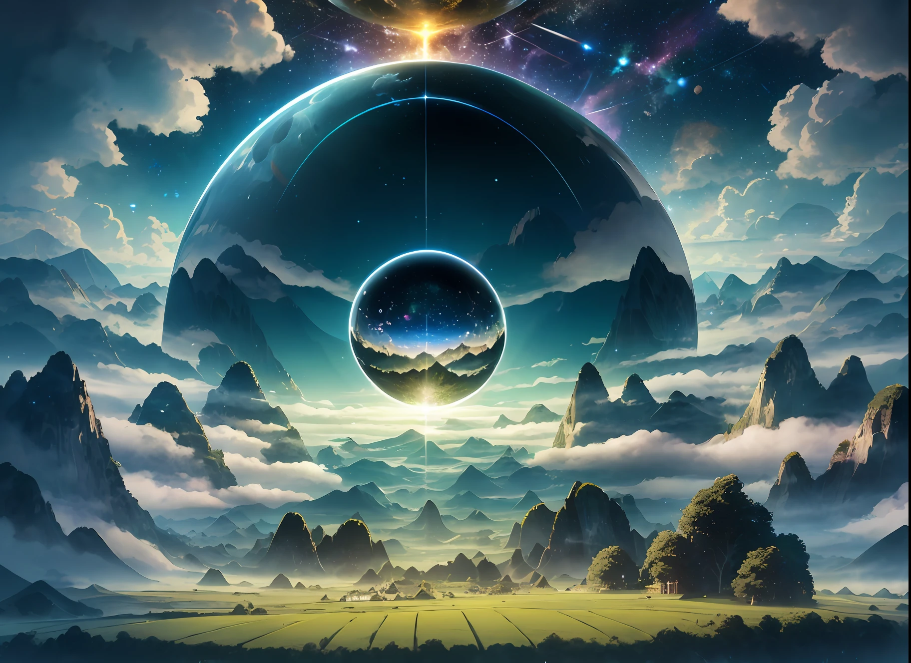 A giant mirror sphere floating in space, flickering lights, sad hamster lost (heaven like green fields surrounded by high mountains and clouds:1.3), particles in the air, god rays, stars in the background, intricate fractals, detailed, (illustration), masterpiece, high resolution, best quality.