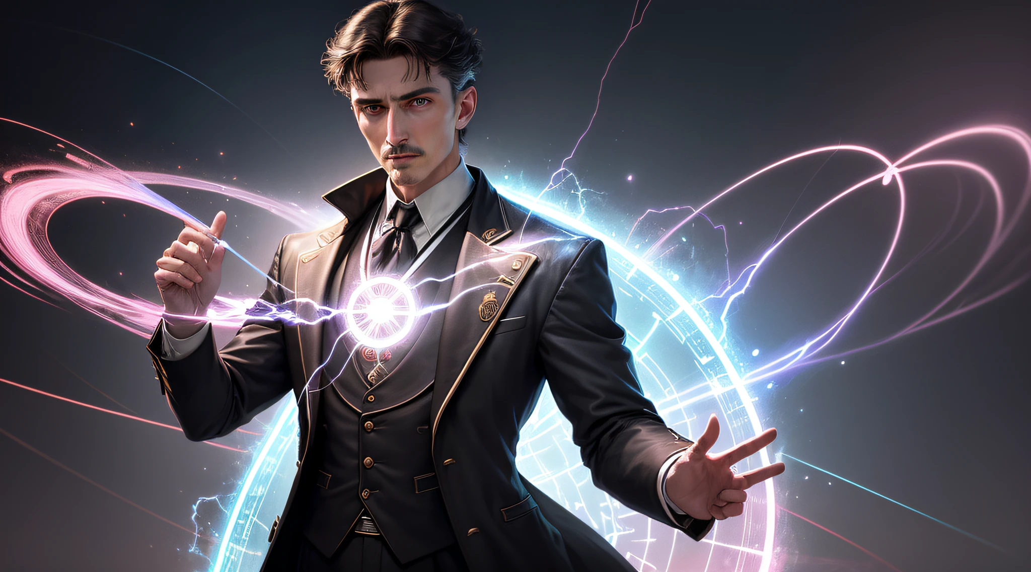 Na imagem fantasiosa de Nikola Tesla, He is portrayed as a visionary genius shrouded in an aura of brilliant electrical energy and twinkling sparks. Wearing a quirky costume that blends elements of period clothing with futuristic touches, Tesla aparece com um olhar concentrado e determinado em seus olhos, refletindo sua mente inquisitiva e genial.
Ao redor dele, dispositivos engenhosos flutuam no ar, powered by invisible electric currents, mostrando sua maestria na tecnologia e no poder da eletricidade. Behind him, A mosaic of vivid colors and abstract patterns symbolizes airborne electrical energy and wireless communication, conceitos pioneiros desenvolvidos por Tesla.
in her hands, ele segura uma bobina de Tesla gigante, pulsando com eletricidade arrebatadora, emitting a characteristic buzz. Through this coil, ondas de energia se irradiam para o ambiente, Creating a magnificent scene of dancing lightning, ressaltando a fascinante capacidade de Tesla para criar eletricidade sem fio.
Behind it, The sky mixes with electric clouds, formando imagens de engrenagens, Scientific contraptions and diagrams, representing the complexity of his revolutionary inventions and theories.
No geral, the fanciful image of Nikola Tesla captures the essence of his genius, ousadia e criatividade, with a touch of mystery and technological magic that has made him one of the most legendary minds in the history of science and innovation.