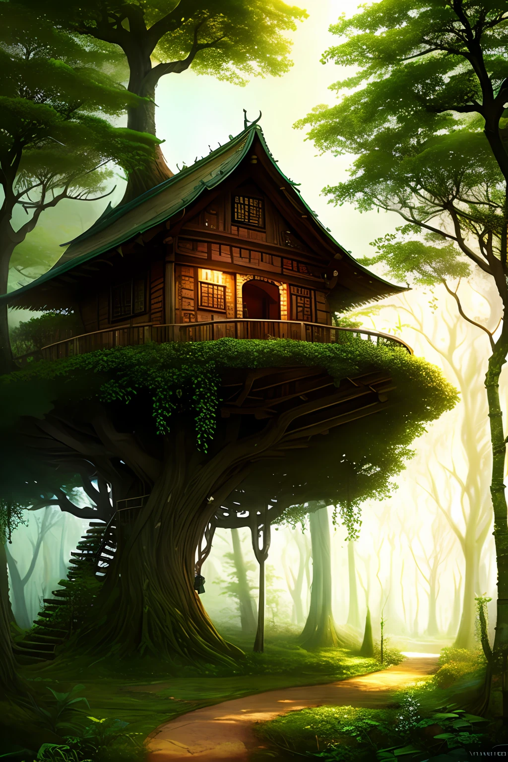 a tree house in the middle of a forest, a detailed matte painting by Yi Insang, cgsociety, fantasy art, enchanting, fantasy, made of vines