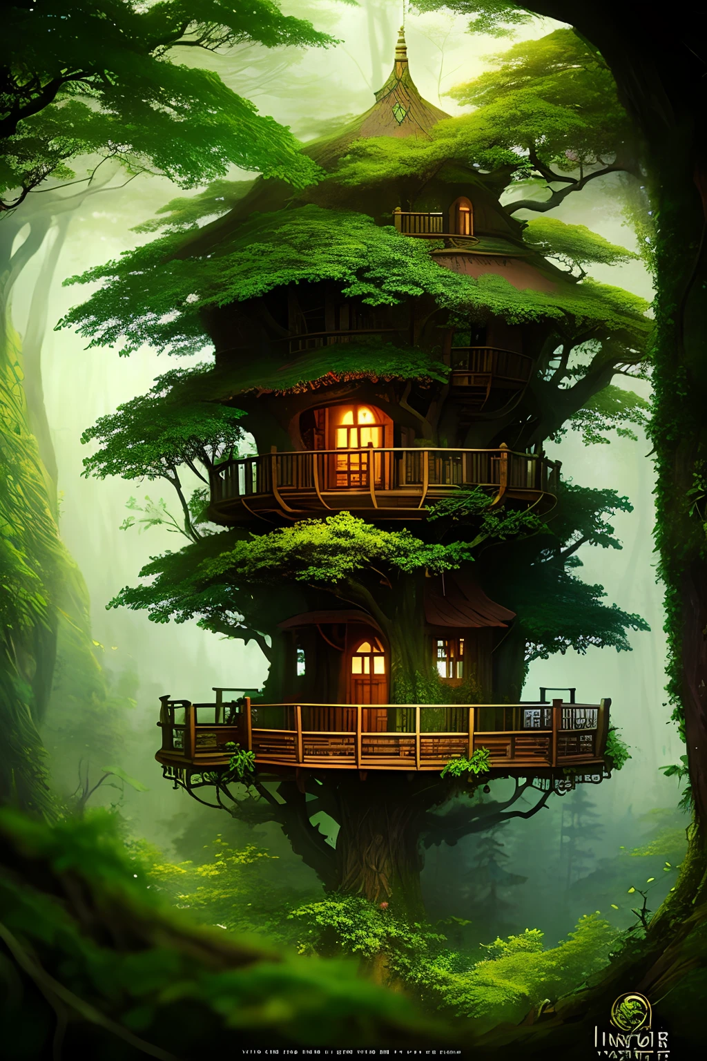 a tree house in the middle of a forest, a detailed matte painting by Yi Insang, cgsociety, fantasy art, enchanting, fantasy, made of vines