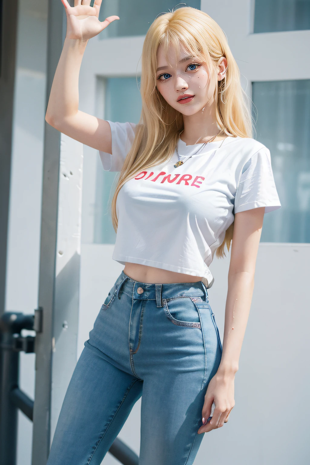 ((Blue Eyes)), smiley face, ((Sana Minatozaki)), ((Sana twice)), Rubber, ((wears red skinny jeans, white t-shirt, white sneakers)), ((standing waving to the camera )), Necklace, (Best Quality, 8k, Masterpiece: 1.3)) ), Clear Focus: 1.2, (Layered Cut, Large: 1.2), Perfect Body Beauty: 1.4, Slender Abs: 1.2, Wet Body: 1.5 , Very detailed face and skin texture, detailed eyes, double eyelids, ((long blonde hair with bangs)), long legs, wide hips, big boobs, beautiful tits