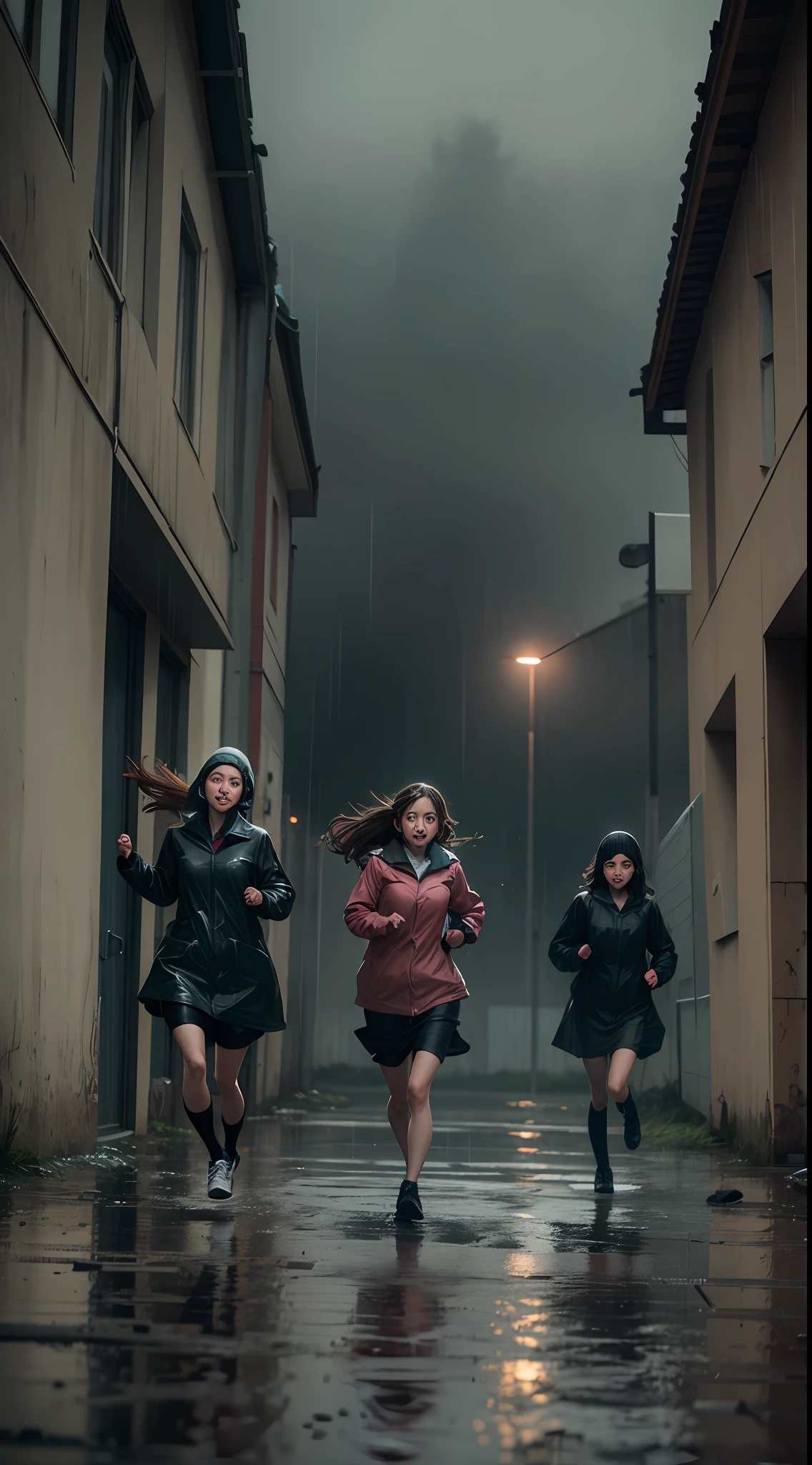 three girls sprinting towards the school gates wearing rain coats on a dimly-lit abandoned school, gasping for breath, soaked in rain, wearing raincoats, in a chilling and eerie atmosphere.