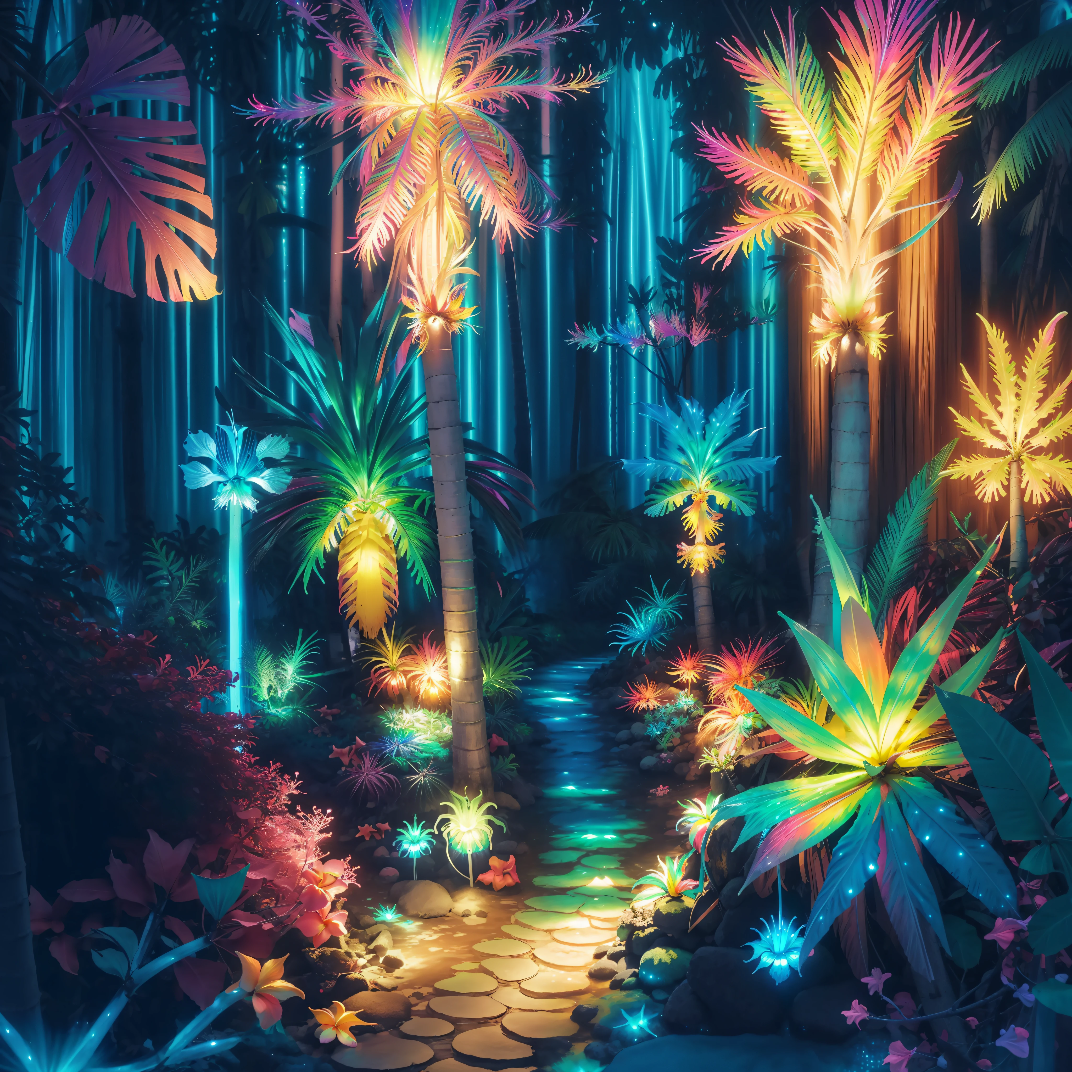 Un hermoso brillo brillante (Bosque tropical bioluminiscente multicolor:1.8) Paisaje natural, (extremadamente detallado:1.4), fantasy, Renderizado de octanaje, ZBrush. Motor irreal, hiperdetallado, Arte conceptual, Tendencias en Art Station. ((La mejor calidad)), ((Obra maestra)), (Detallado), sharp picture