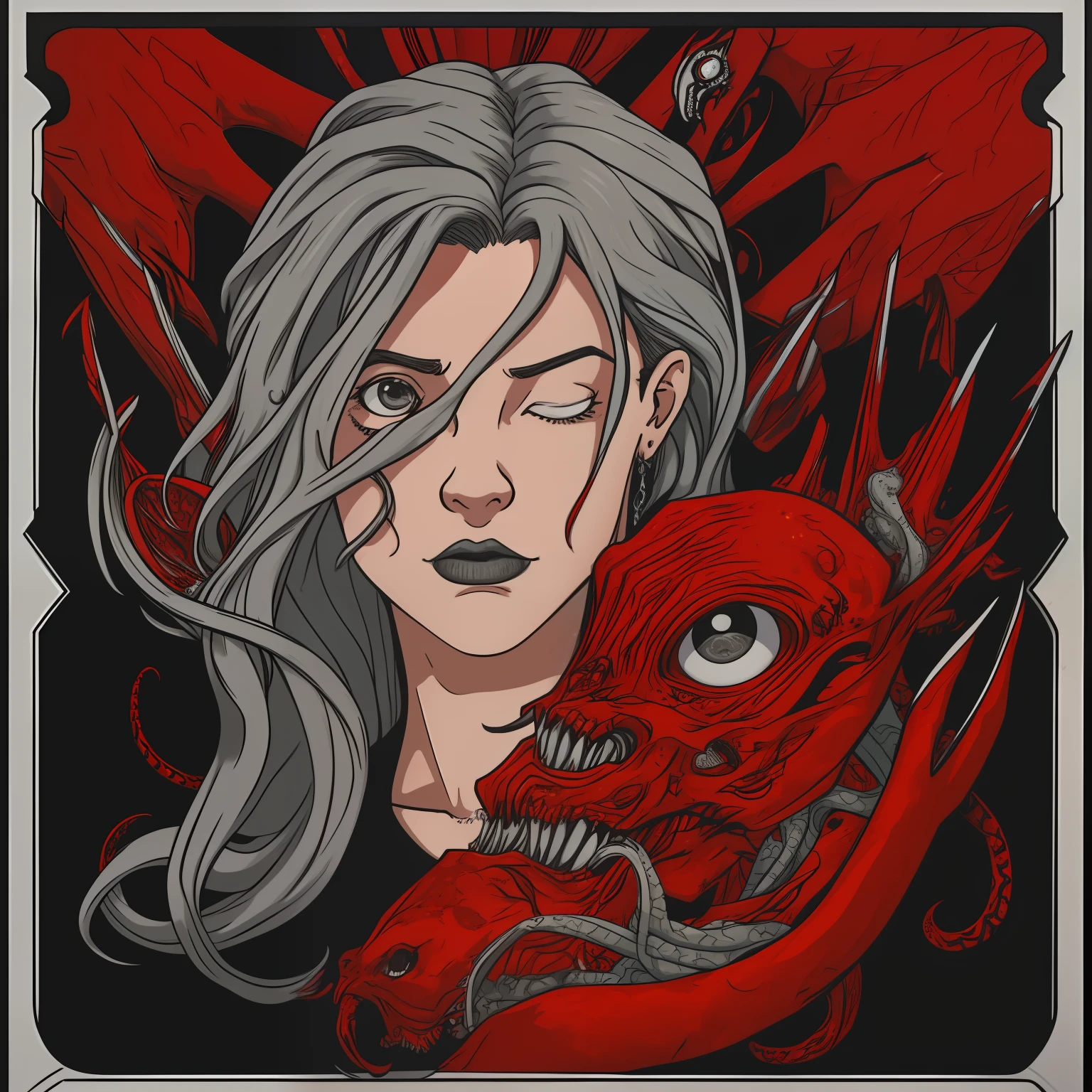 mellicent_ink, poster style, red, grey, white and black colors, portrait, 1girl, solo, grey hair, long hair, messy hair, devided by half, red test tubes on the left, left eye closed, right eye open, surrounded by red tentackles, lovecraft monsters on right, black background, pattern shading