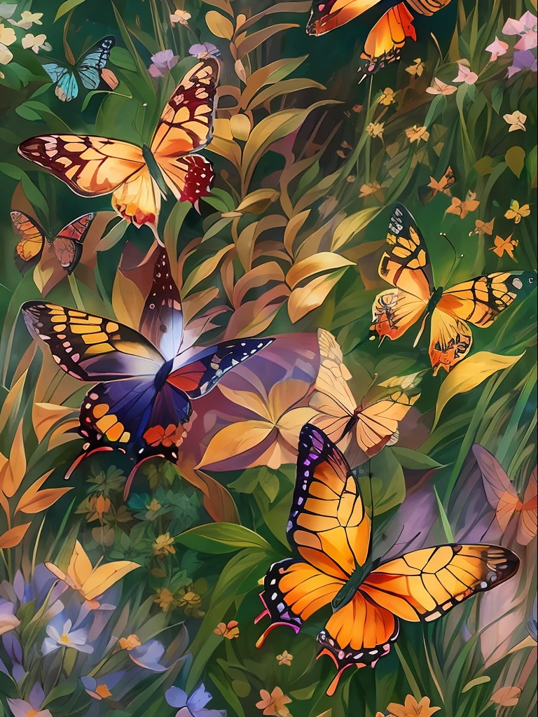 a fantasy landscape filled with colorful butterflies on a background, in the style of nightcore, impressionist: dappled light, romanticized depictions of wilderness, light bronze and orange, nature-inspired pieces, 32k uhd, anime aesthetic
