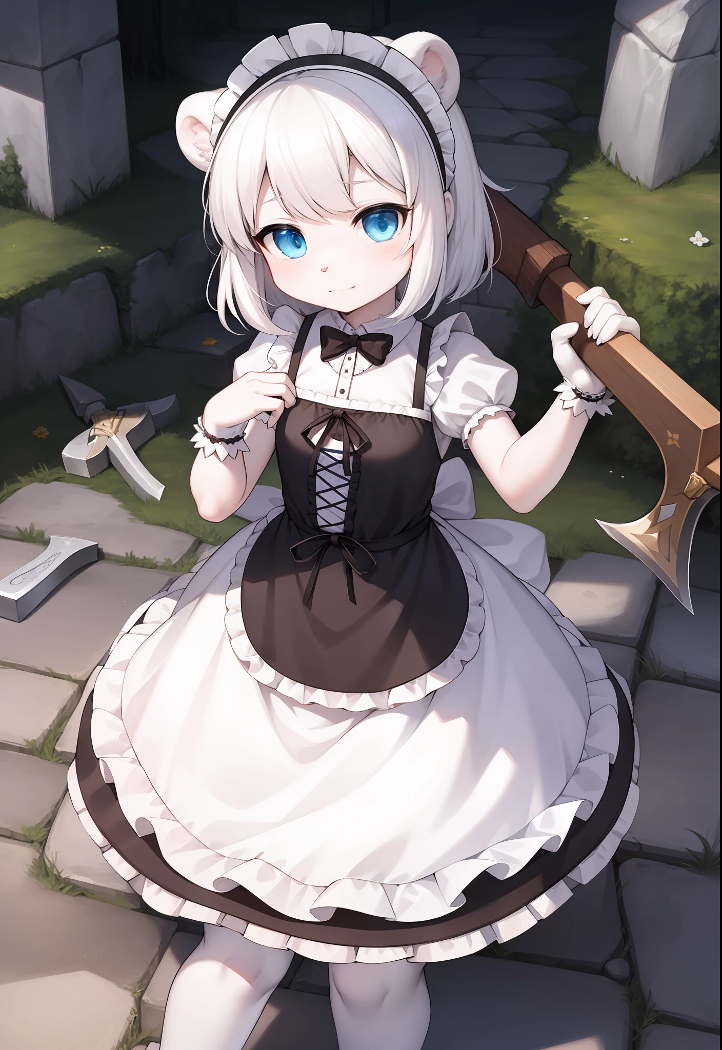 Furry white bear，White fur，Loli body，blue color eyes，White hair，In the daytime，Glowing hair，Wearing a maid outfit，Axes made of stone，A shy look，The crossed hair is stuck on the lower right hair piece of the hair
