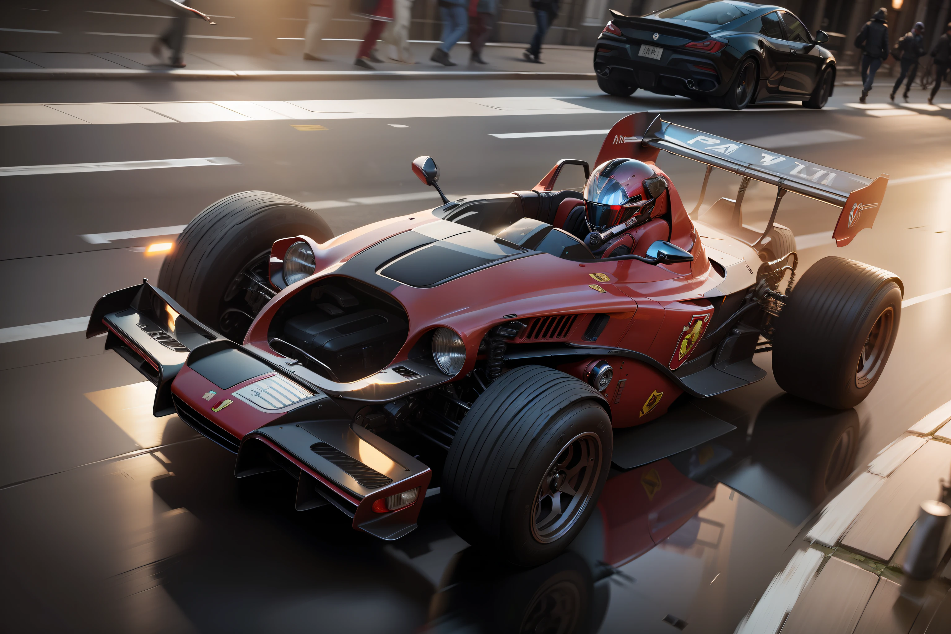 Uma Ferrari vermelha brilhante 312 B3 corre pela rua molhada, quase hiper-realista. The car is moving fast, with a motion blur in the background. The car is highly detailed, com reflexos, sombras e texturas. The image is an artistic style and has a sense of movement. Directed by Greg Rutkowski.