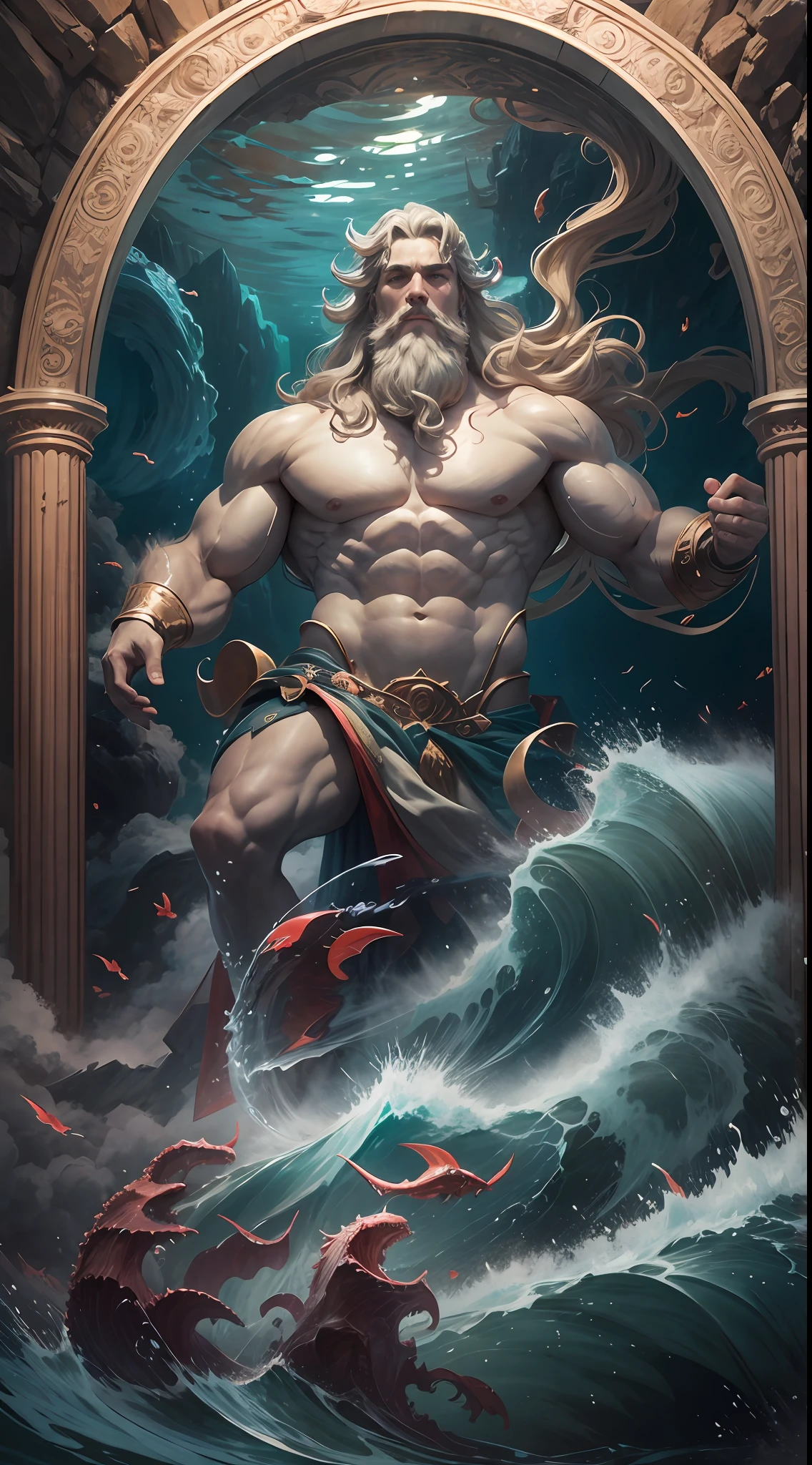 Ultra resolution 8K, Super resolution,[Poseidon emerging from the depths of the ocean in all his glory. His imposing figure stands on a mountain of waves that break on the shore., mientras sus caballos marinos galopan con furia y gracia a su lado. La espuma salada se esparce a su paso, creating an ethereal halo around it.

The atmosphere is full of strength and power, con los truenos resonando en el horizonte y el cielo oscurecido por nubes tormentosas. Sin embargo, en medio de esa intensidad, Poseidon maintains an unshakable calm, emanando una presencia serena y dominante.]