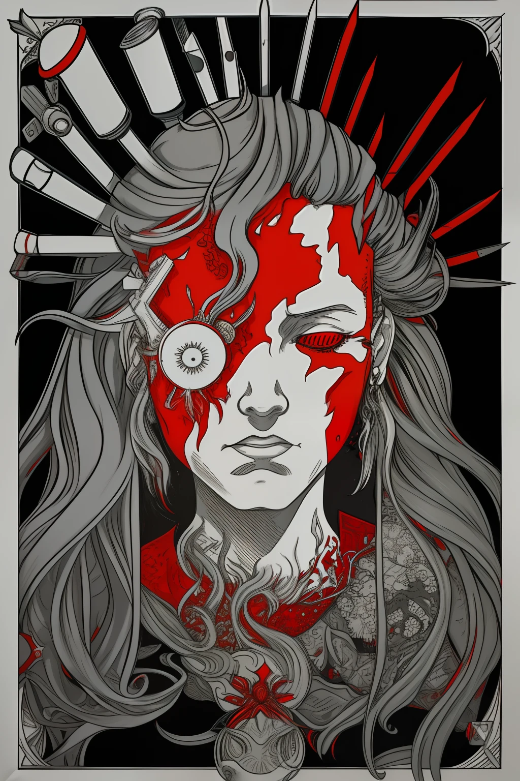 mellicent_ink, poster style, red, grey, white and black colors, portrait, 1girl, solo, grey hair, long hair, messy hair, devided by half, red test tubes on the left, left eye closed, right eye open, surrounded by red tentackles, lovecraft monsters on right, black background, pattern shading