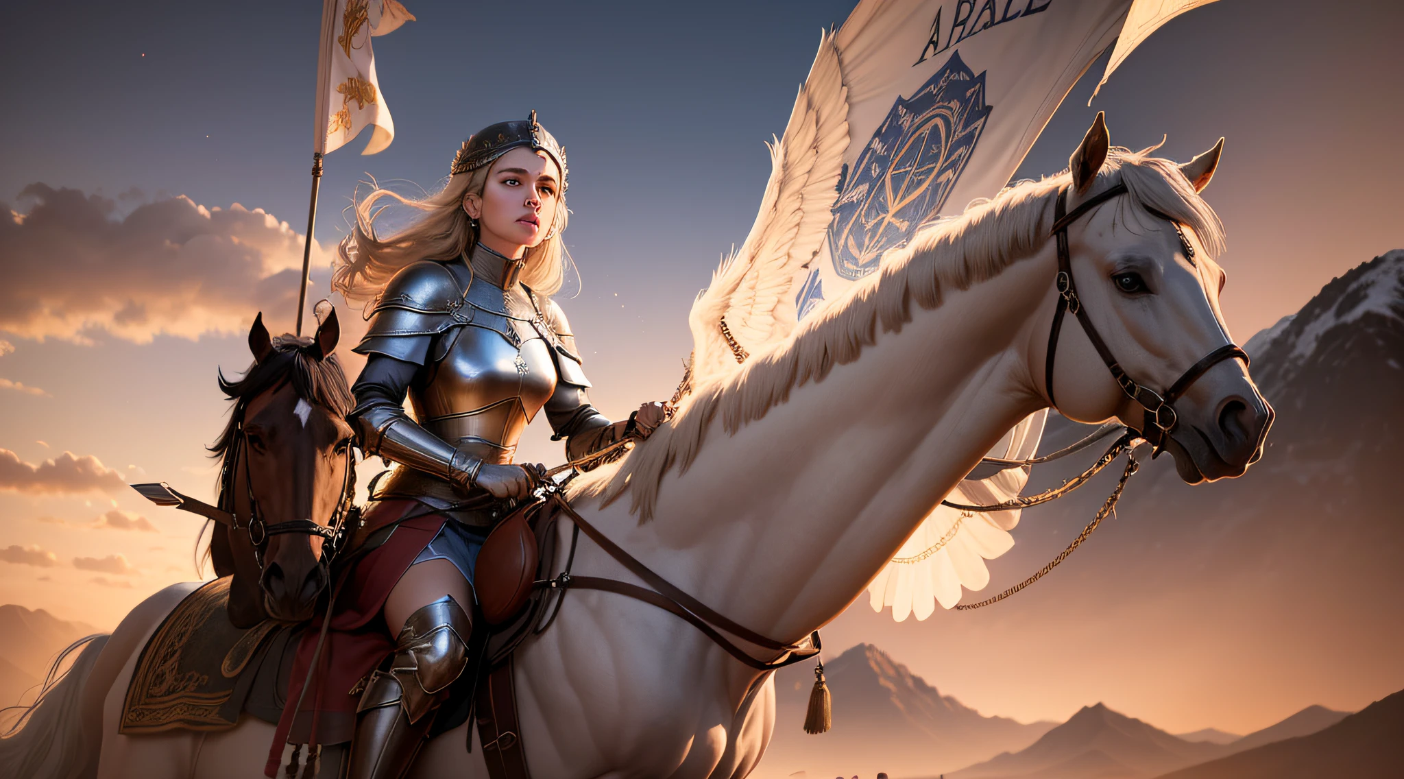 Na imagem fantasiosa de Joana D'Arc, We see a powerful and inspiring depiction of the legendary medieval heroine. She's at the center of the scene, vestindo uma armadura reluzente com detalhes elaborados, showing her determination as a warrior.
Seu cabelo flui ao vento, emoldurando um rosto corajoso e decidido. Seus olhos brilham com intensidade, revealing the conviction that led her in her battles.
Ao redor dela, An army of loyal soldiers prepares for battle, each displaying symbols of courage and honor. Bandeiras com o emblema de Joana D'Arc tremulam ao vento, representing her leadership and inspiration to those who follow her.
in sky, uma aura de luz dourada irradia de Joana, symbolizing her connection to the divine and the spiritual role she claimed to have in her mission.
The scenery depicts a medieval landscape with imposing castles and majestic mountains in the background, alluding to the historical context in which Joan of Arc lived and fought.
Em uma parte da imagem, A celestial scene is depicted, showing angels and divine symbols observing and blessing her journey as protector and defender of the kingdom.
This fanciful image of Joan of Arc captures the essence of courage, leadership and spiritual connection that made her a legendary figure in history. She embodies the bravery and determination of women who defied the conventions of their time to become true heroines and inspirations for future generations.