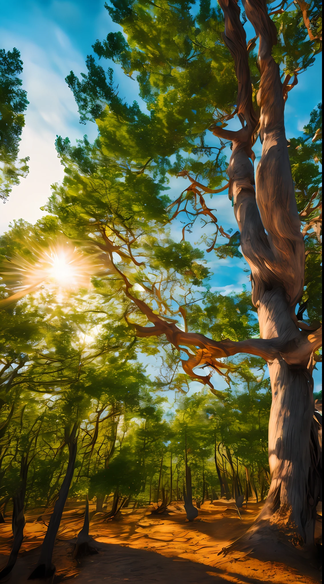 field of many trees intertwined in the trunks,amazing sky,Level 15,rocky surface,(photorealistic), [sharp focus], (HDR), (8k), (gigapixel), (masterpiece)