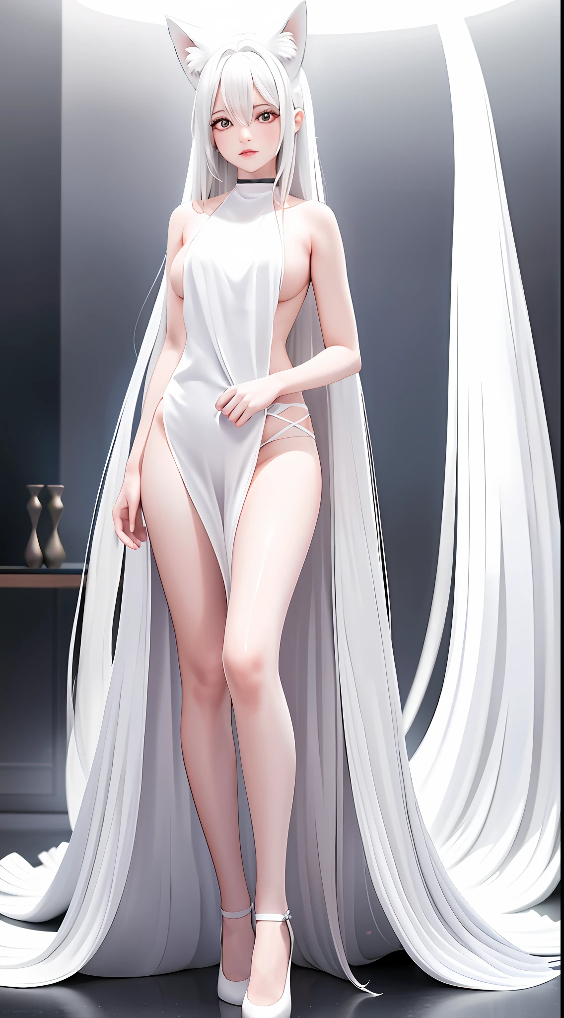 1girll, Full body like，White hair, long whitr hair，Messy hair，Translucent clothes，NSFW，White fox ears，White fox tail，比基尼，folds，folds，folds