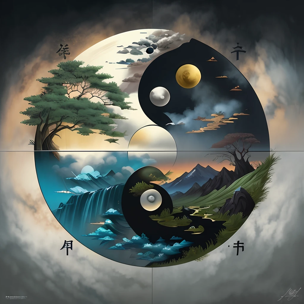 yin yang the black & white yin and yang, in the style of thomas wrede, dark gold and dark azure, aleksi briclot, hiroshige, clockpunk, naturalistic landscape, precarious balance