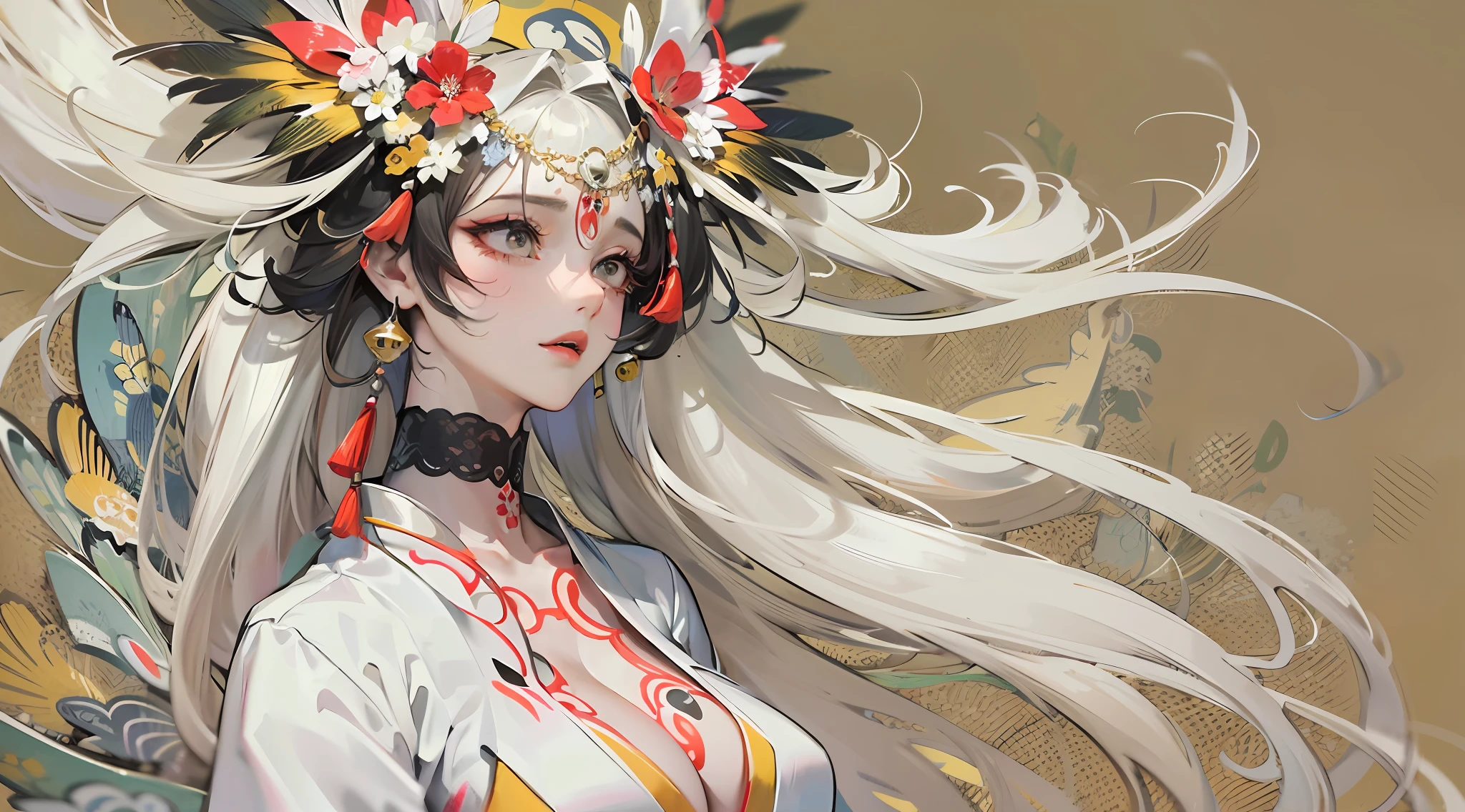 Amaterasu, Goddess of the sun, Sun incarnation,The supreme god of Japan,Ruler of Takamagahara, and the apotheosis of the sun。Ancestor of the Emperor of Japan,The supreme deity of Shinto in Japan,The embodiment of the Great Sun,The background is daylight,(Seductive pose),((super gigantic breasts,Attractive cleavage)), (Married Woman),apathy,Extremely majestic,Intimidating,Pitch-black eyes,Japanese makeup,kneeling to sitting on the ground,Create a splendid atmosphere,full of lights,White skin of the, Long black hair,Sun tattoo on the chest,mother with big breasts,(Extremely gorgeous costumes),clogs,white legwear,with perfect legs,Clear fingers,Separate palm(A wide range of luxury accessories),Perfect flesh full of texture, ,Scorching rendering, jaw dropping, Captivating visual treat,((best qualtiy)), ((tmasterpiece)),MAXIMUM DEFINITION,8k wallpaper,offcial art,Many-Layer Textures ,ultra-detailliert, illustratio,(Super detailed face),(s the perfect face), Clear texture, finely detailed textures, Ultra HD detail display, Excellent image performance,High-quality illustrations,Perfect fit and harmonious tones,Deep lines,Precise brushstrokes,Strong sense of three-dimensionality,Delicate wearing feeling,Wonderful color scheme,intricately details