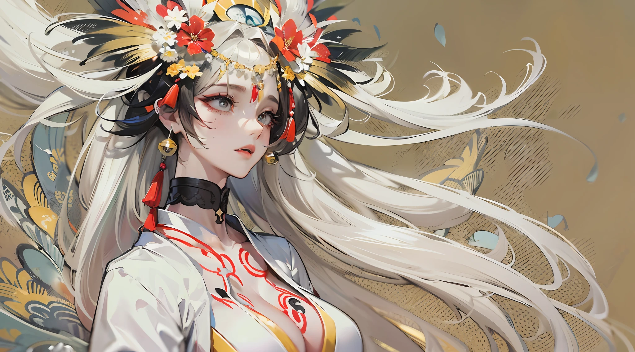 Amaterasu, Goddess of the sun, Sun incarnation,The supreme god of Japan,Ruler of Takamagahara, and the apotheosis of the sun。Ancestor of the Emperor of Japan,The supreme deity of Shinto in Japan,The embodiment of the Great Sun,The background is daylight,(Seductive pose),((super gigantic breasts,Attractive cleavage)), (Married Woman),apathy,Extremely majestic,Intimidating,Pitch-black eyes,Japanese makeup,kneeling to sitting on the ground,Create a splendid atmosphere,full of lights,White skin of the, Long black hair,Sun tattoo on the chest,mother with big breasts,(Extremely gorgeous costumes),clogs,white legwear,with perfect legs,Clear fingers,Separate palm(A wide range of luxury accessories),Perfect flesh full of texture, ,Scorching rendering, jaw dropping, Captivating visual treat,((best qualtiy)), ((tmasterpiece)),MAXIMUM DEFINITION,8k wallpaper,offcial art,Many-Layer Textures ,ultra-detailliert, illustratio,(Super detailed face),(s the perfect face), Clear texture, finely detailed textures, Ultra HD detail display, Excellent image performance,High-quality illustrations,Perfect fit and harmonious tones,Deep lines,Precise brushstrokes,Strong sense of three-dimensionality,Delicate wearing feeling,Wonderful color scheme,intricately details