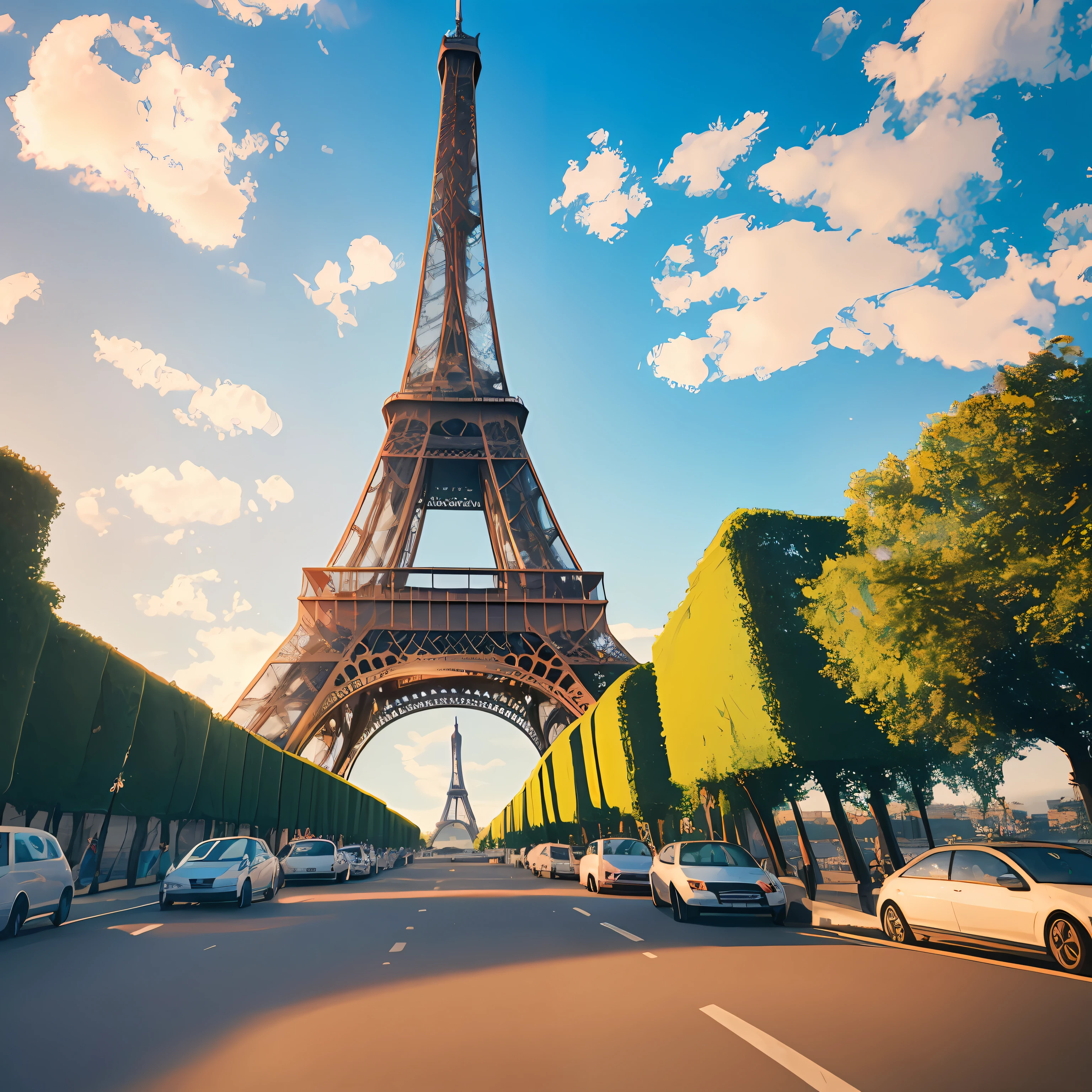 Create a high-definition image of the Eiffel Tower with a realistic landscape. Make sure the resulting image captures the essence of the Eiffel Tower, with details that highlight its beauty and historical importance. Add a clear blue sky and some fluffy white clouds to add a touch of joy. Certifique-se de que a paisagem ao redor da Torre Eiffel seja realista e bem detalhada. Adicione detalhes, like trees, flores e arbustos, to give a natural feel to the image. Make sure the lighting is adequate to highlight the Eiffel Tower and the surrounding landscape. Make sure the resulting image is high resolution, com qualidade 8K." —c 10 —ar 2:3 --auto