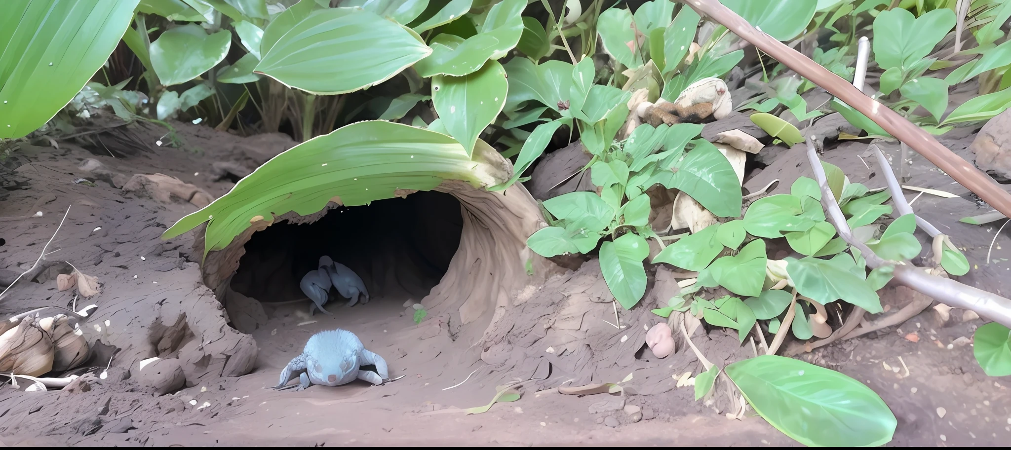 There is a small animal that is in the dirt, close up local, criatura sinistra escondendo detalhado, Fotografia tirada em 2 0 2 0, Hiding behind obstacles, newts, imagem de perto, Close do meio, tiro de perto do meio, ninho de aranha, tiro muito perto, abrigando-se sob uma folha, Cave covered with vegetation, hidden area, Escondendo, lurking in the shadows