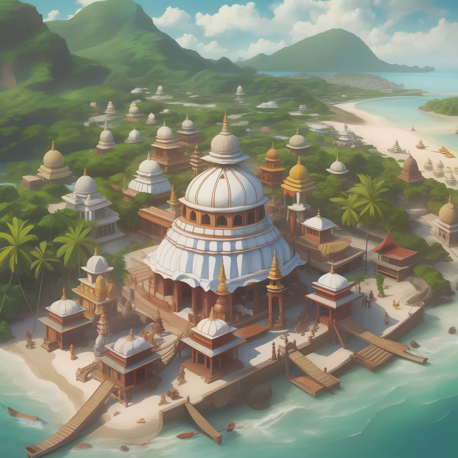 Tropical indian hindu island port, sunny, white sandy beaches, traditional indian ships, crystal clear sea, anime-style, indian aesthetics, hindu aesthetics, dome roofs