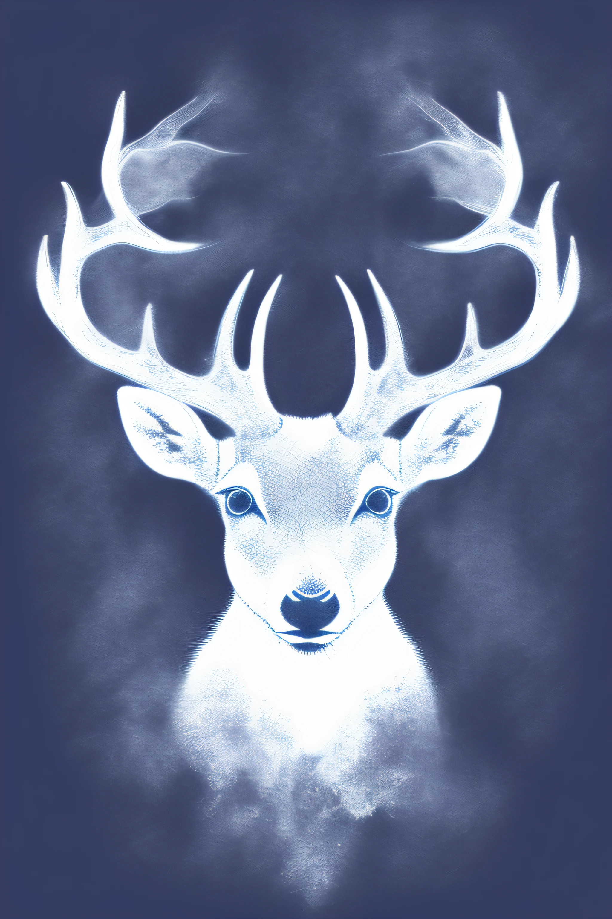 Create a T-shirt print of a white deer from blue crimson smoke|fundo roxo, olhando para lente