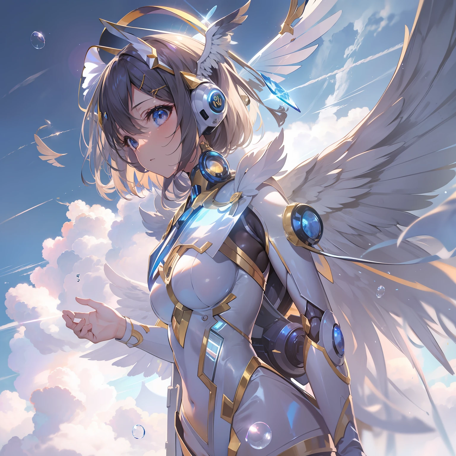 Neutral Girl、robot suit、(((Shine one very large wing)))、The wings are shining、Eye of Desire、hiquality、high-level image quality、((Fulll body Shot))、Irregular water flow in the sky、Particles of light floating in the sky、ultra-detailliert, Beautifully Aesthetic, ​masterpiece, top-quality, vivd colour, Countless bubbles of light fly、The wings are symmetrical
