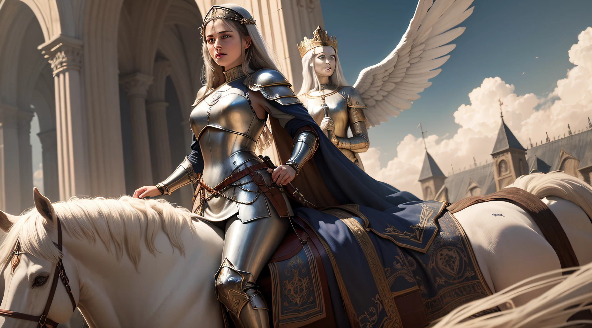 Na imagem fantasiosa de Joana D'Arc, We see a powerful and inspiring depiction of the legendary medieval heroine. She's at the center of the scene, vestindo uma armadura reluzente com detalhes elaborados, showing her determination as a warrior.
Seu cabelo flui ao vento, emoldurando um rosto corajoso e decidido. Seus olhos brilham com intensidade, revealing the conviction that led her in her battles.
Ao redor dela, An army of loyal soldiers prepares for battle, each displaying symbols of courage and honor. Bandeiras com o emblema de Joana D'Arc tremulam ao vento, representing her leadership and inspiration to those who follow her.
in sky, uma aura de luz dourada irradia de Joana, symbolizing her connection to the divine and the spiritual role she claimed to have in her mission.
The scenery depicts a medieval landscape with imposing castles and majestic mountains in the background, alluding to the historical context in which Joan of Arc lived and fought.
Em uma parte da imagem, A celestial scene is depicted, showing angels and divine symbols observing and blessing her journey as protector and defender of the kingdom.
This fanciful image of Joan of Arc captures the essence of courage, leadership and spiritual connection that made her a legendary figure in history. She embodies the bravery and determination of women who defied the conventions of their time to become true heroines and inspirations for future generations.
