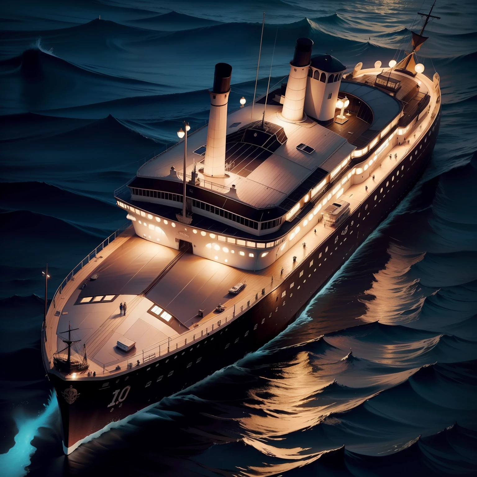 navio titanic. com pequenos barcos no mar lotados de gente