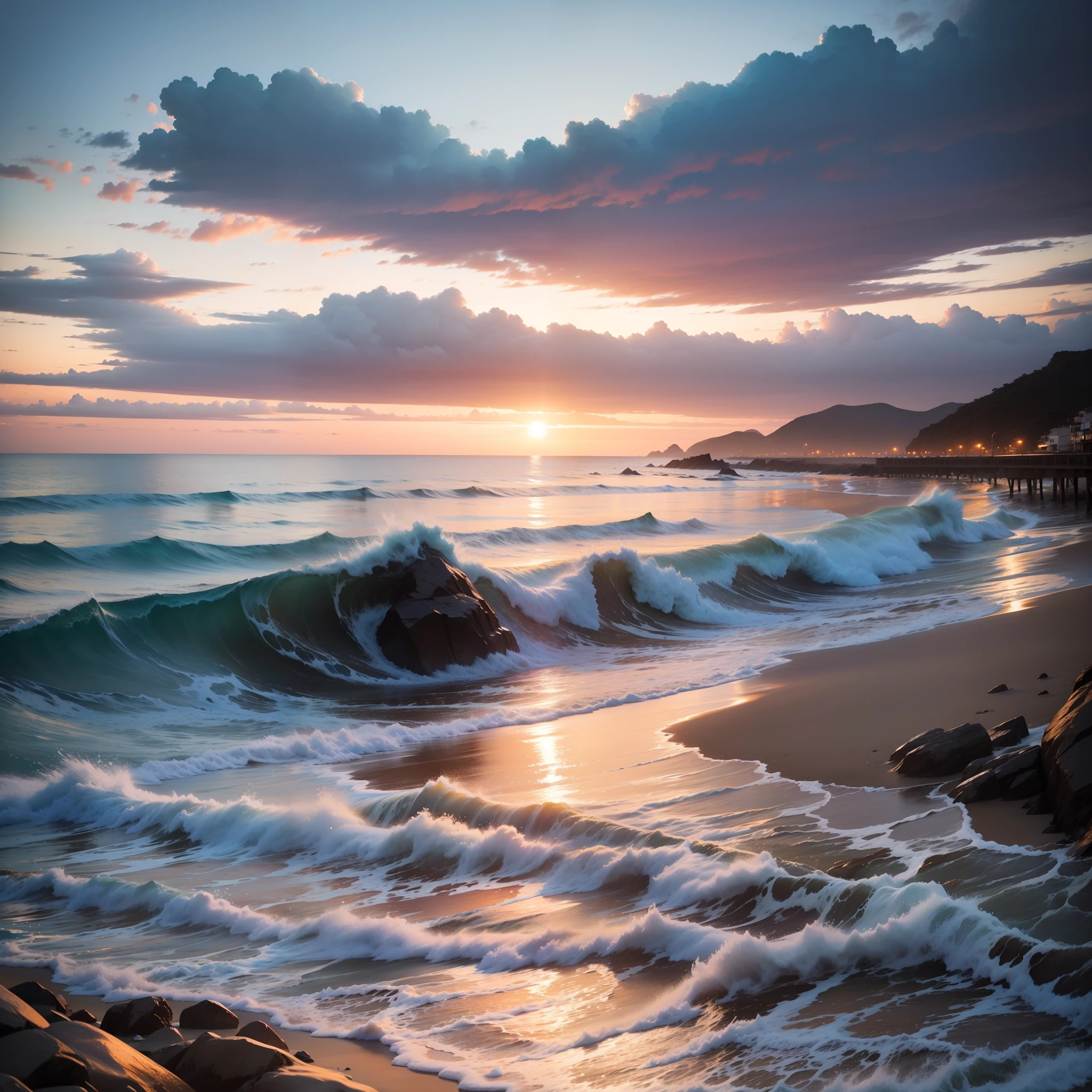 hermosos atardecer en una playa cerca al mar, mar bioluminicente hermoso color azul, fogata cerca al mar