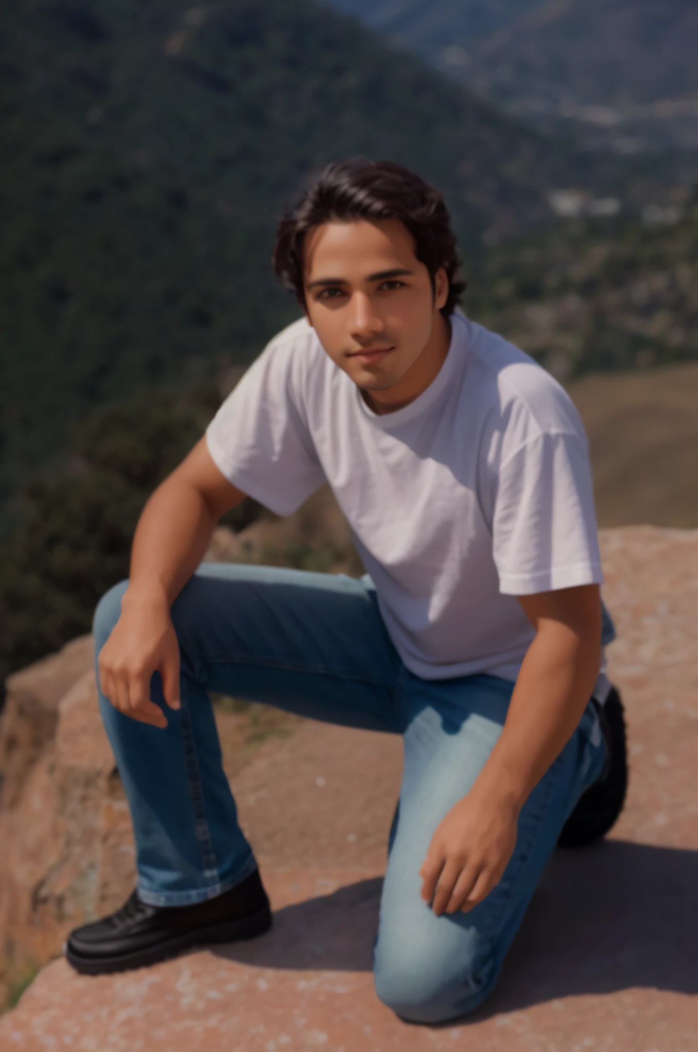 There is a young man sitting on top of a mountain overlooking the valley, em uma montanha, no topo de uma montanha, na montanha, no topo de uma montanha, no topo de uma montanha, nas montanhas, taken in the early 2000s, em um penhasco, em torno de 16 anos, com olhos castanhos, Foto Ultrarrealista, foto focada, vestindo camisa branca, casual, com vento nos cabelos, foto em foco