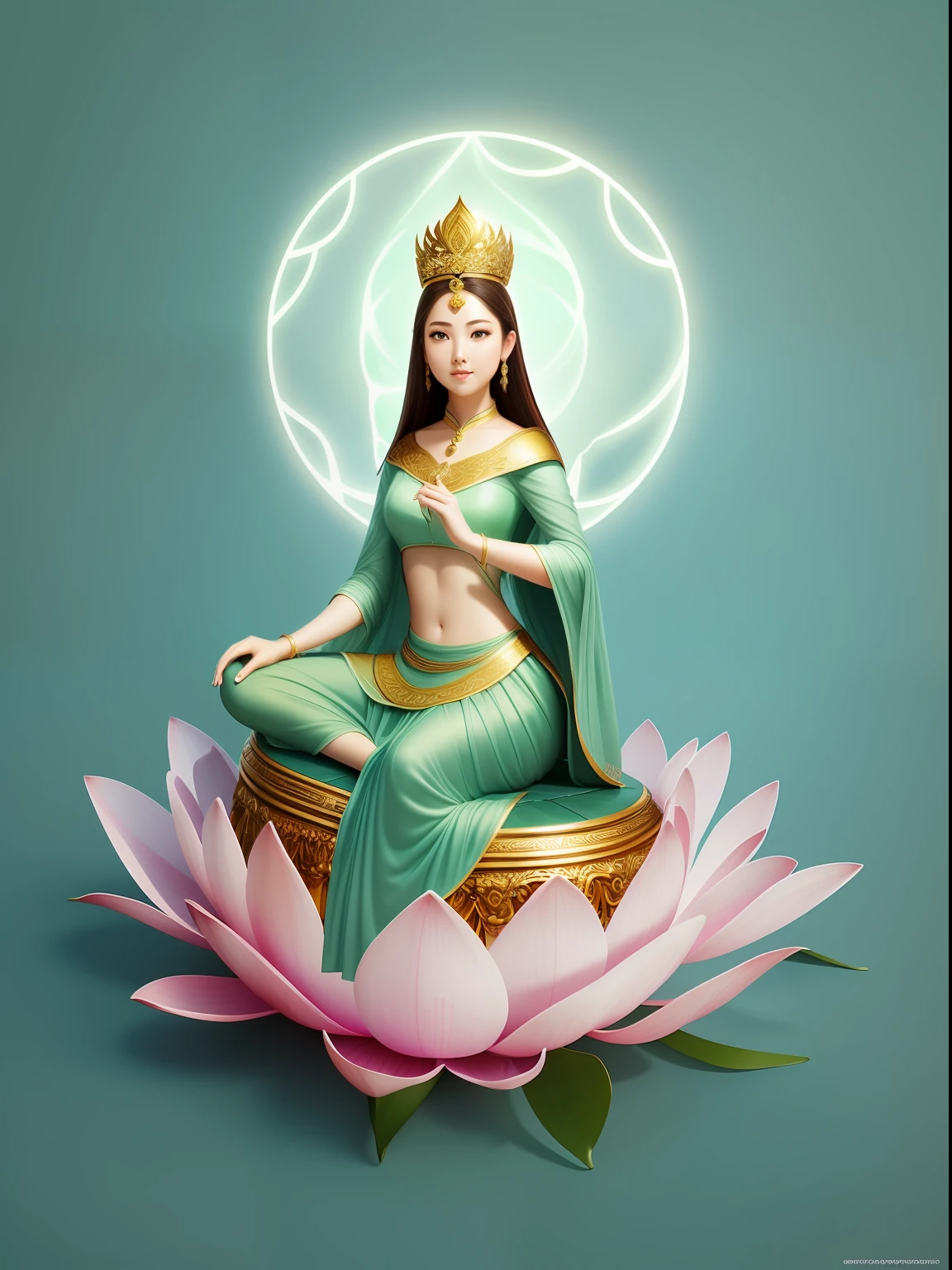 Goddess of beauty with green skin,sitting on a lotus flower,holding lotus flowers, ((Pink lotus)),Wear a light brown dress,The skin is delicate and white,crown,Yingluo,The head has a round light,Anatomically correct UHD curation,超高分辨率, best qualtiy, photore, 8K, (realisticlying: 1.2),A golden glow overhead(The halo:1.2),golden headdress,Brighter,tmasterpiece,best qualtiy,Complicated details,Light environment and crystals in the background,crystal,Portal of the future,3D light,k hd,magia,God of Light,The light from the back window is backlighted,详细的脸,depth of fields,Gentle lighting,Tone-mapping,highly detailed,concept-art,Smoothness,Clear focus,Dramatic lighting,highly detailed art,cinematic ligh,8K,amazing shadows(highly detailed back ground:1.2),Sit gracefully on a lotus, Pink Lotus Queen, Realiy, sitting on a lotus flower, Lotus,3Drenderingof。
