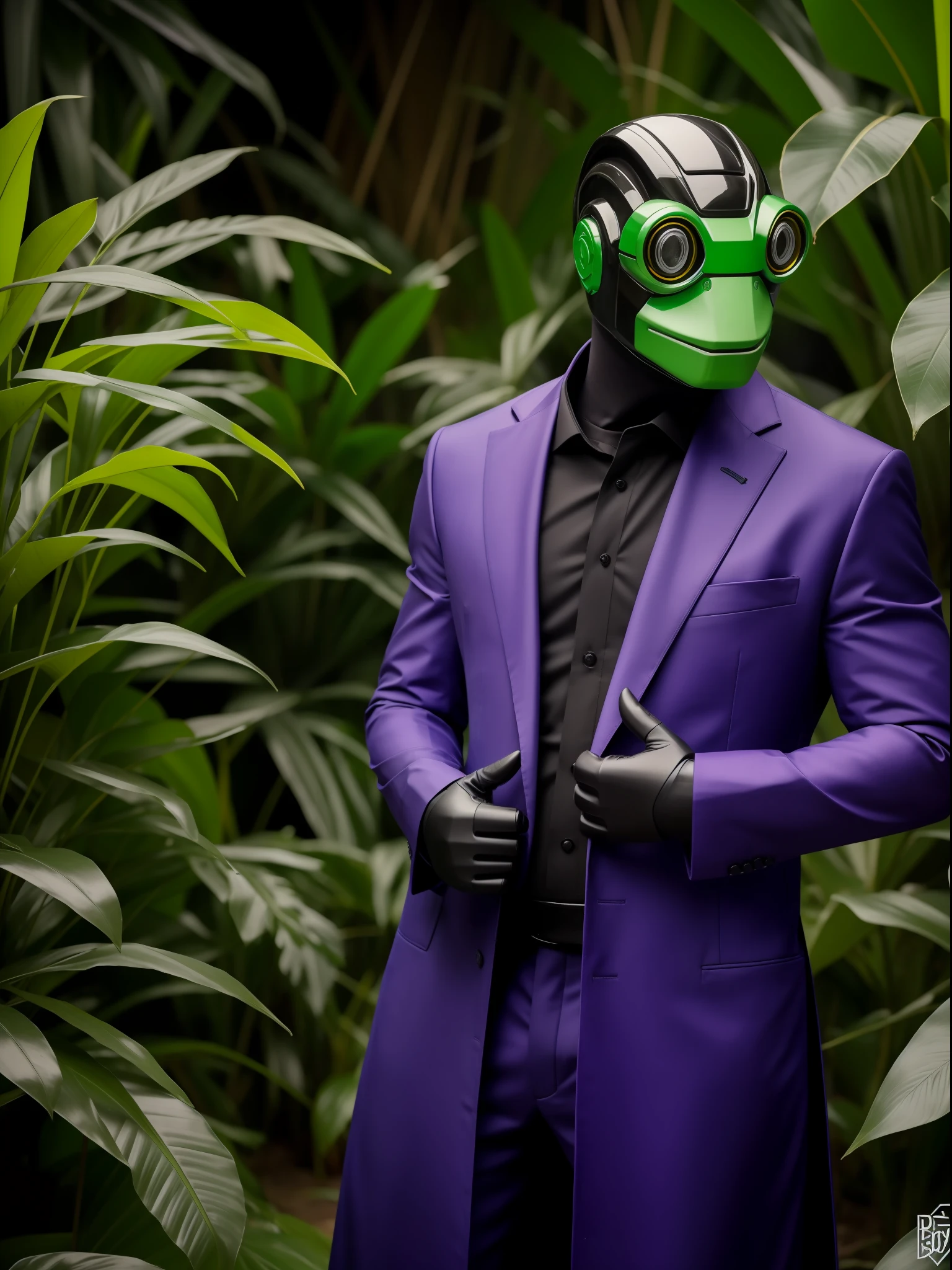 "Homem com cara de sapo,roupas de monje, olhando diretamente, villainous robotic suits, com cara de sapo, plantas roxas de fundo,planeta roxo