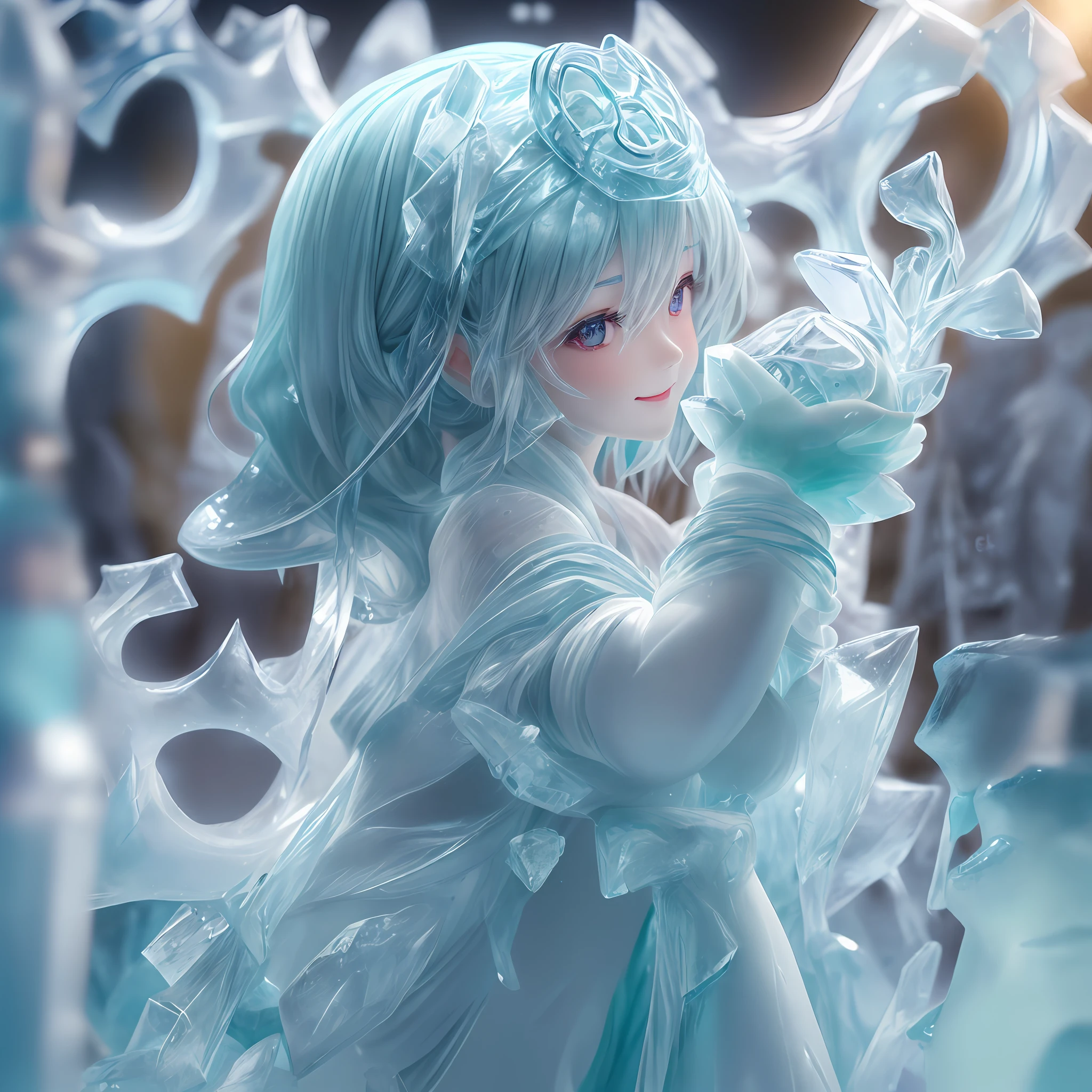 (ice sculpture:1.4),cinematic angle,(Cute Ice made Girl,anatomically correct,full body, Masterpiece Ice Sculpture camellia,Masterpiece Hanfu,Ice mitten,smile),(Best quality, high detailed, Masterpiece, Cinematic Lighting, 4K)