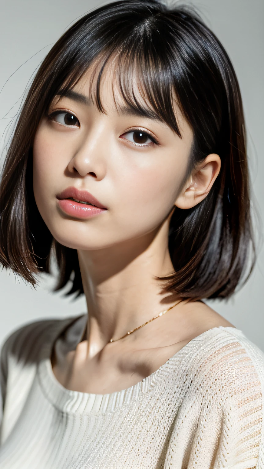 (top-quality、8k、32k、masterpiece、UHD:1.2)、Photo of a cute Japanese woman、large full breasts、very short bobbed hair、The upper part of the body、sface focus、(oversized_sweater、:1.1)a necklace、simple background、looking at the viewers、Leaning forward、This woman has the best looks in the world!!、I can see my!!、agitation、