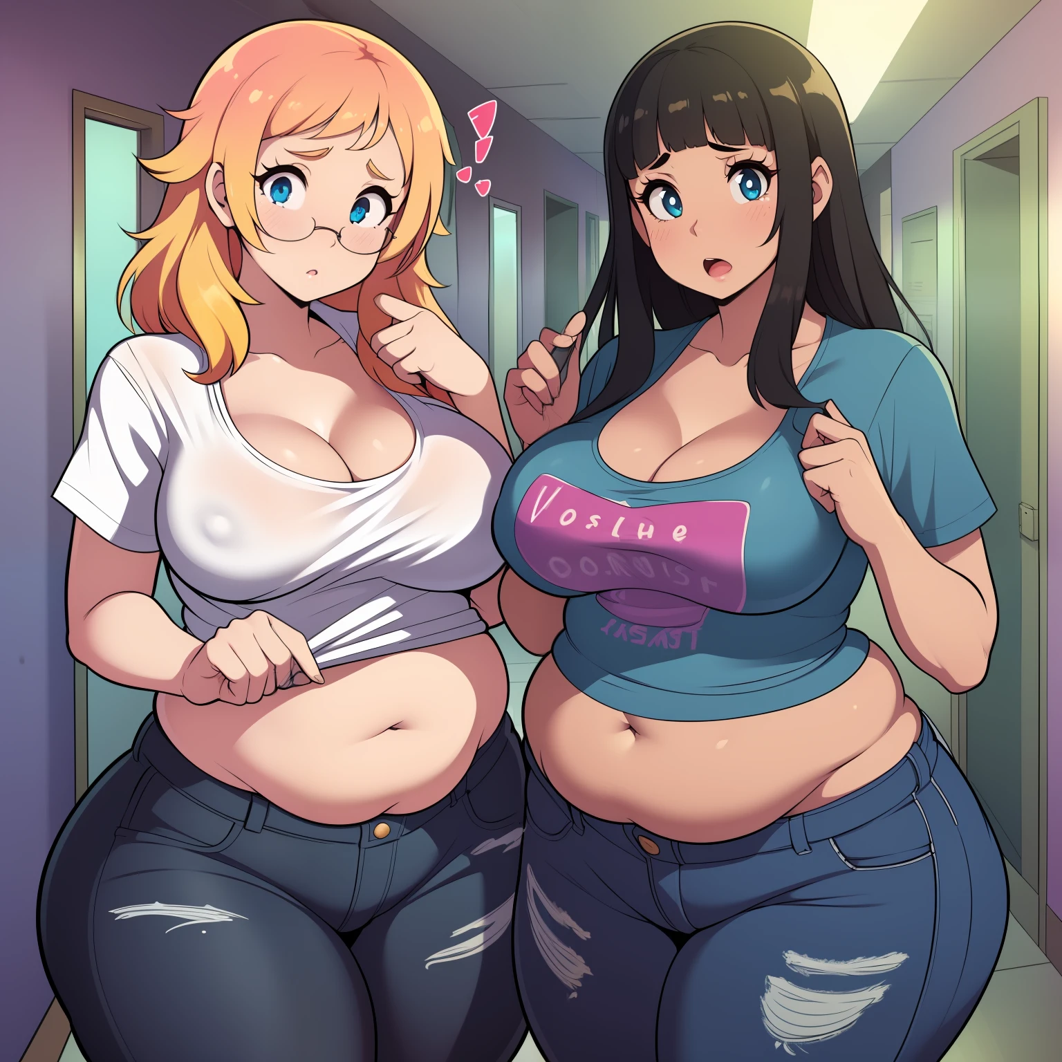 (((kipteitei art))), ((masterpiece)), (((best quality))), ((ultra-detailed)), (((illustration))), detailed face, detailed body, ((2girls)), ((Line art)), (in the style of cell shaded), (vivid colors), skindentation, (((fluffy hair))), looking at viewer, surprised, shocked, worried, tee shirt, blue jeans, skirt, (tight clothes), ((school hallway)), medium breasts, cleavage, perky breasts, tummy bulge, ((plump)), fat folds, (belly hang), soft body, gaining weight, (((wide hips))), ((((thick thighs)))), 2 girls standing next to each other, (shirt tug), pulling shirt over belly,