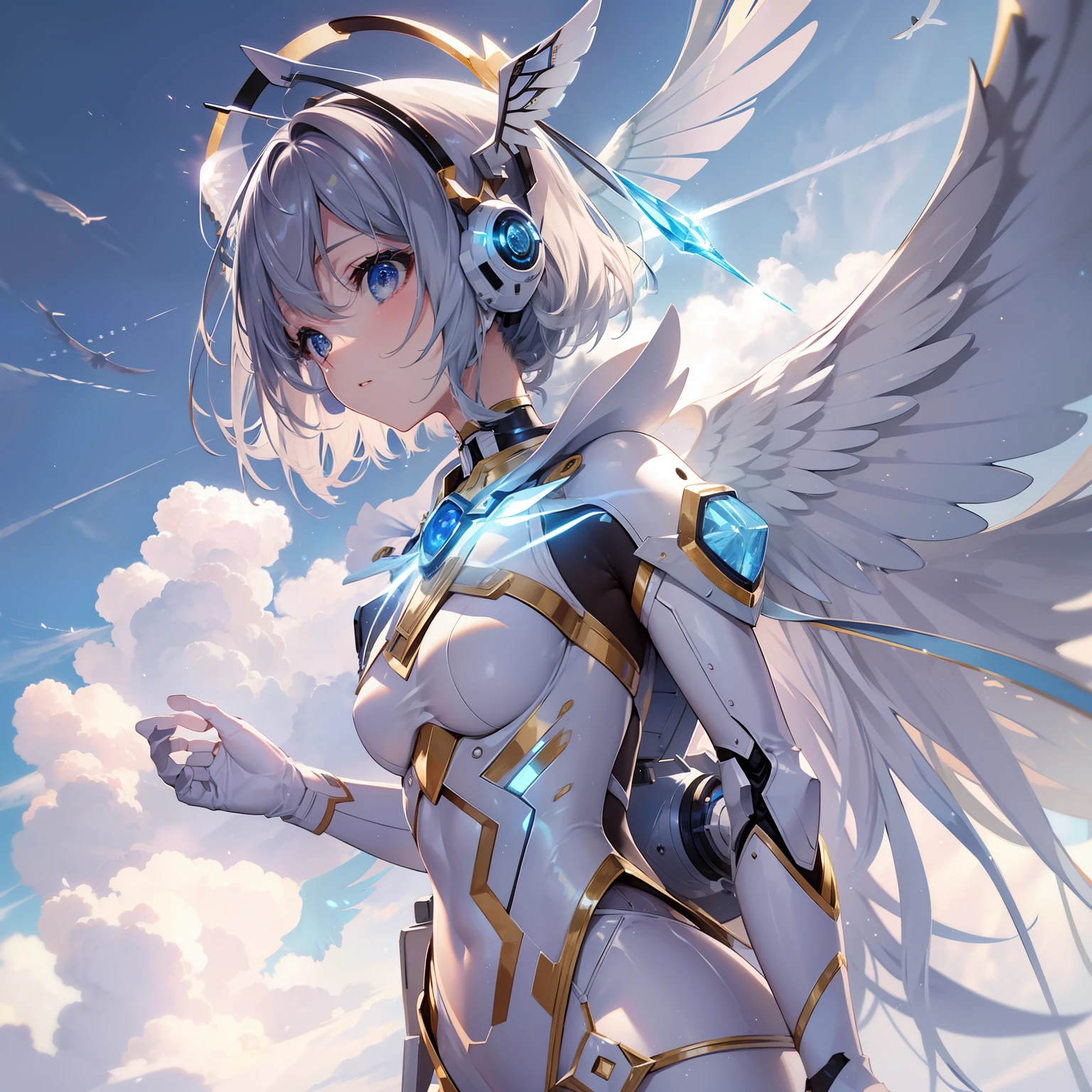 Neutral Girl、robot suit、(((Shine one very large wing)))、The wings are shining、Eye of Desire、hiquality、high-level image quality、((Fulll body Shot))、Empty irregular water flow、Particles of light floating in the sky、ultra-detailliert, Beautifully Aesthetic, masterpiece, top-quality, vivd colour, Countless bubbles of light fly、wings are symmetrical、Fix your fingers