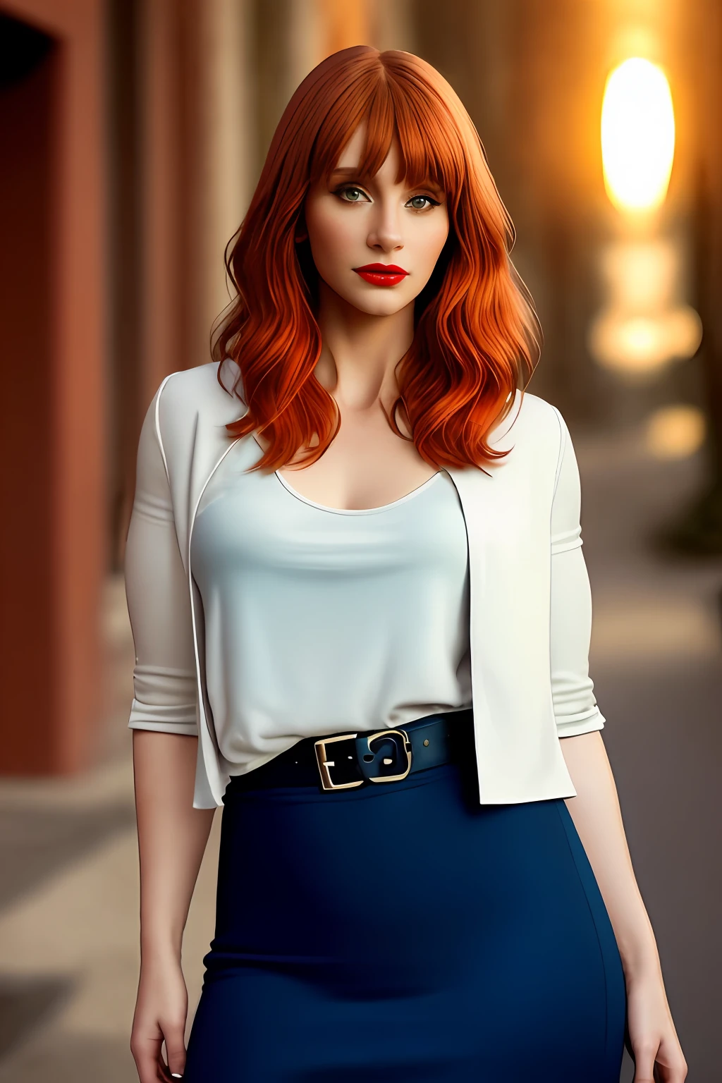 Foto de corpo inteiro,  Bryce Dallas Howard, cores vibrantes, red hair, Executive Woman-themed Clothing, scarpins de salto alto, posando para uma foto, Garota sexy, lovely woman, mulher bonita, Beautiful woman, mulher deslumbrante, Pose casual, Beautiful girl , menina atraente, olhar sexy, beautiful young lady, bela imagem, (red lips lipstick), maquiagem elegante, Sunset, estilo por (Steve McCurry), Dispositivo Nikon Z FX, Mola EF 70mm, Cinematic lighting, studio backdrop, style long exposure, tipo de tiro longo, cena de cores vibrantes, fotorrealista, Intrinsic, beautiful face, Rosto ultra-detalhado, Corpo Perfeito, corpo inteiro, Impeccable, Realistic, altamente detalhado, Art Station, trend, piece of master, Rosto realista, pele realista, Olhos detalhados, grande arte, ultra realistic n-9 render, 4k, 8k, 16k, 20K, HDR, UHD, 64 mil, perfect lighting, studio lighting, fotorrealista, hyper realistic, symmetrical face, Motor irreal, Bokeh, High Resolution Scanning, fotografia profissional