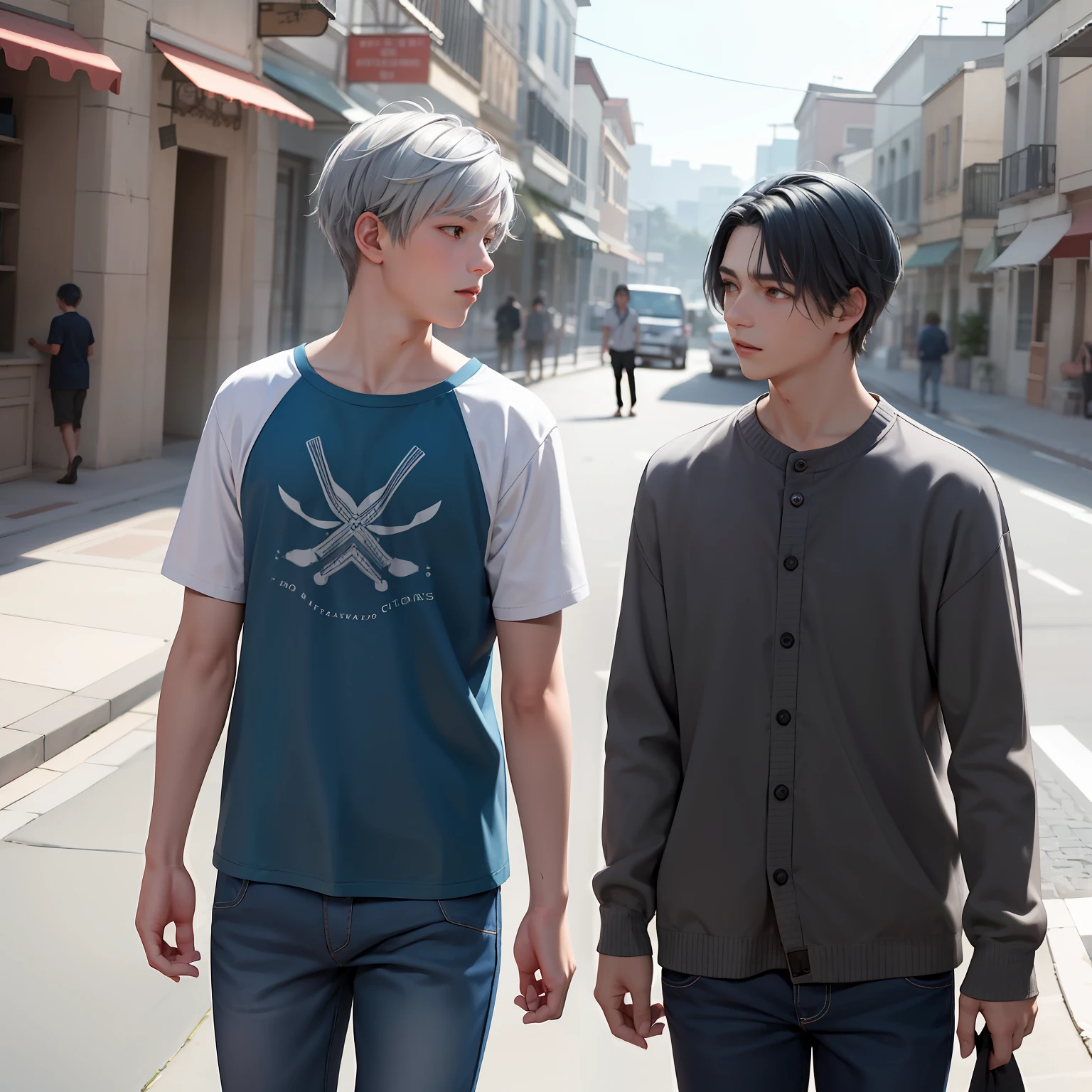 In the background is a silver city Two 15-year-old teenage friends with blue hair, With Latin skin and light gray hair on the outskirts of a large silver city they are talking about an important topic they are friends almost like brothers......
