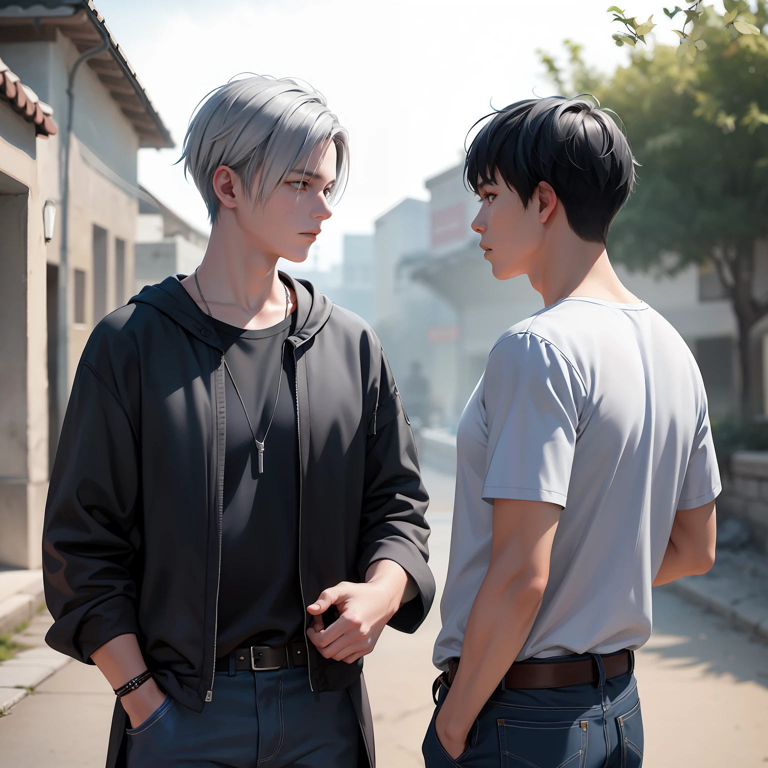 In the background is a silver city Two -yeld tege friends with blue hair, With Latin skin and light gray hair on the outskirts of a large silver city they are talking about an important topic they are friends almost like brothers......