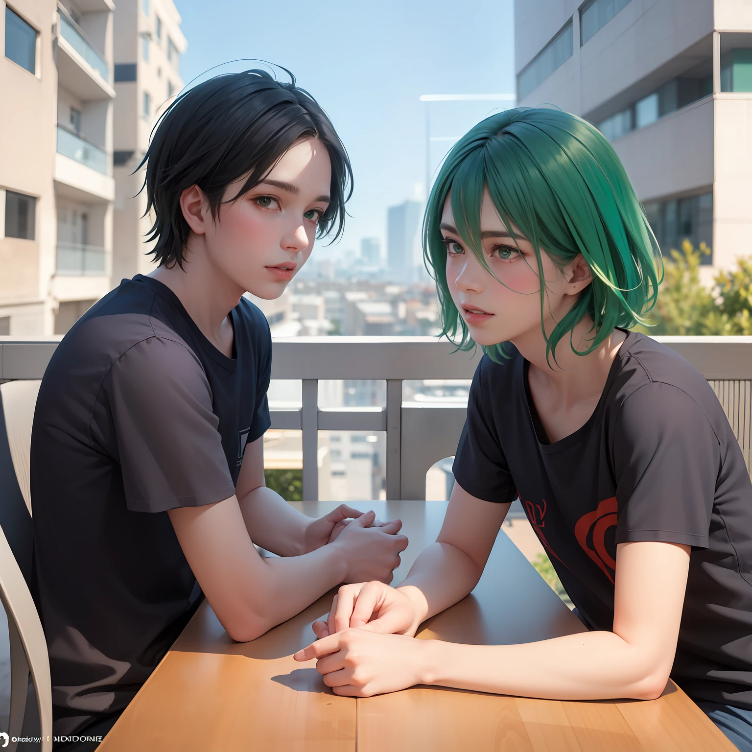 Two 15-year-old teenage friends with Latin skin and bright green hair Light green eyes at school are talking about an important topic are friends almost like brothers.de fondo se ve una hermosa ciudad moderna y plateada......