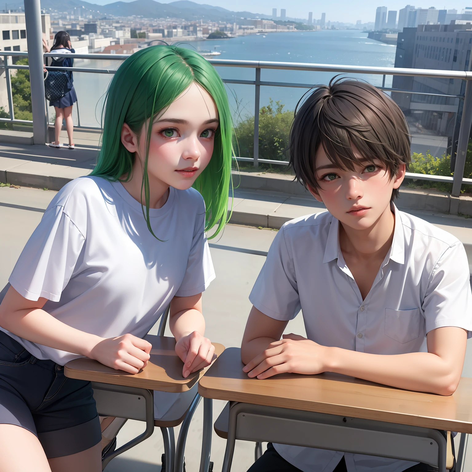 Two 15-year-old teenage friends with Latin skin and bright green hair Light green eyes at school are talking about an important topic are friends almost like brothers.de fondo se ve una hermosa ciudad moderna y plateada......