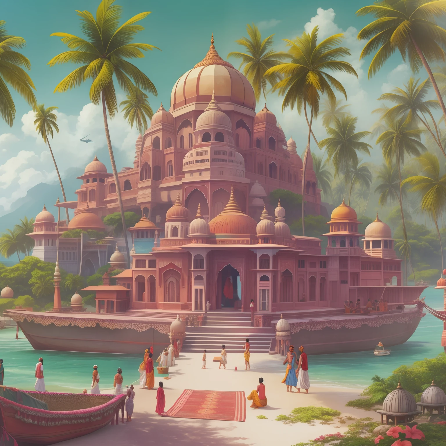 Tropical indian hindu island port, sunny, white sandy beaches, traditional indian ships, crystal clear sea, anime-style, indian aesthetics, hindu aesthetics, dome roofs