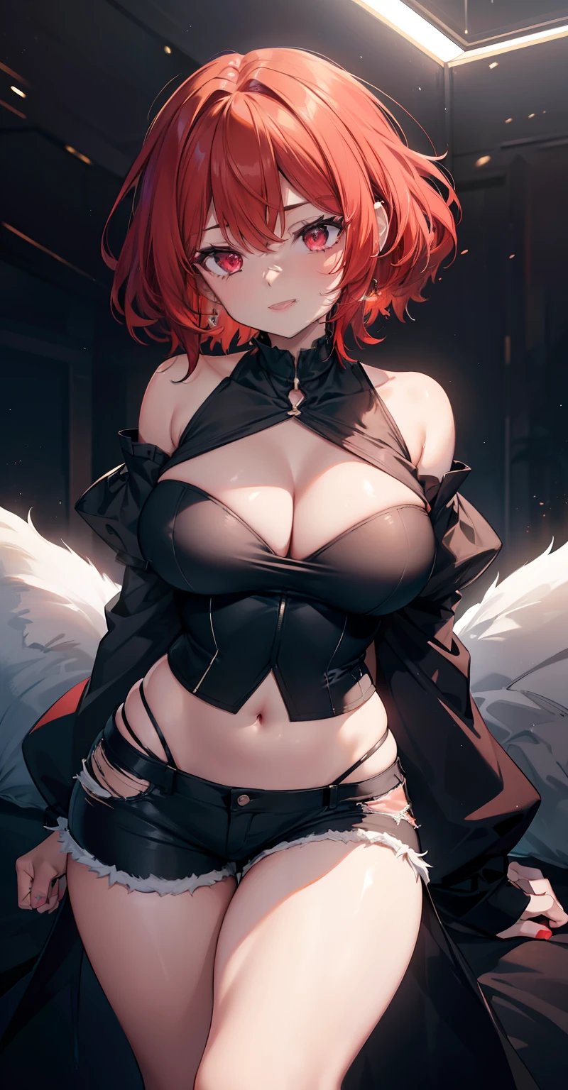 ((masterpiece)), ((best quality)), ((HD 4k)), ((brown skin)), ((perfect anatomy)), ((older woman)), woman, ((female face) ), Happy, smiling, mouth open, teeth showing, ((light red eyes)), Eyelid, Sclera, Iris, eyebrow, eyelashes, ear, nose, Big red hair, ((fringe)), ((hair details) ), ((light effects on hair)), ((phonk outfit)), black shirt details, black ripped short shorts details, ((lights effect on clothes)), ((body lights effect)), neck, Shoulders, ((big chest)), arms, ((thick legs)), ((big thigh)), background scenery, scary mood, horror scenery