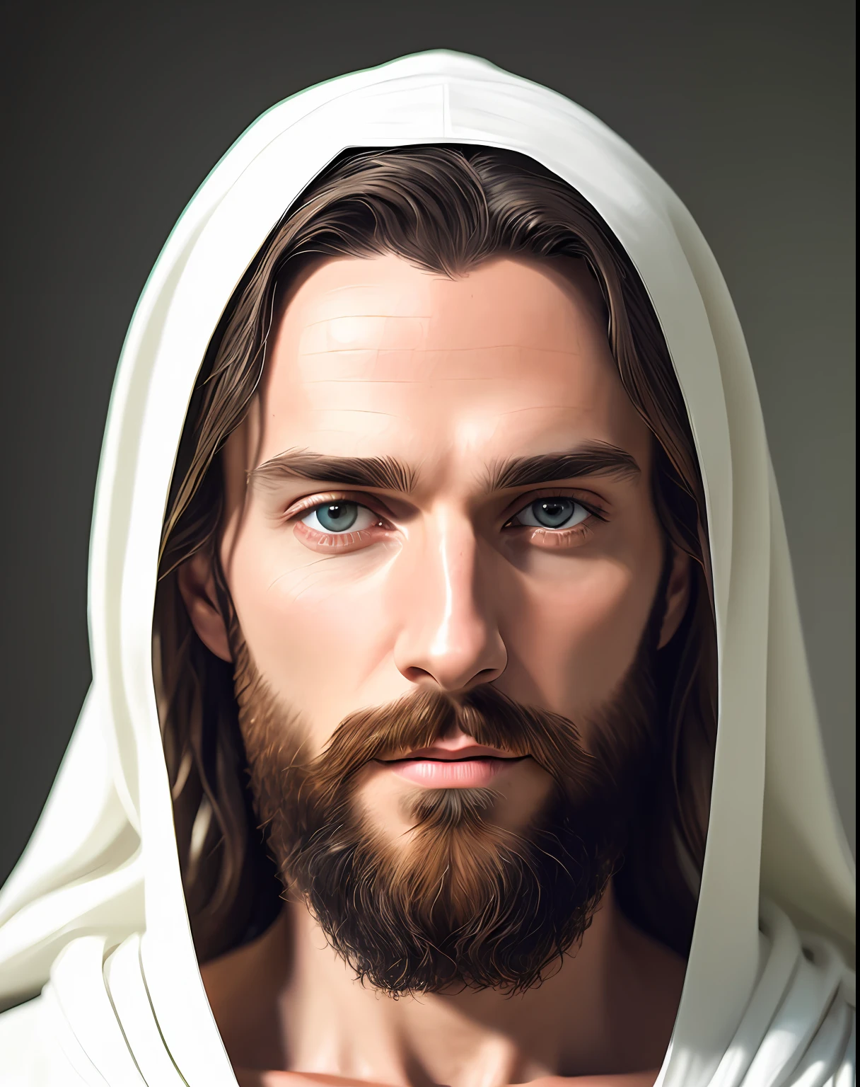 (symmetry),centered,a ((close)) up portrait,(Jesus),a very thin white man with long hair and a beard,wearing a long white robe,35mm,natural skin,clothes  detail, 8k texture, 8k, insane details, intricate details, hyperdetailedhighly detailed,realistic,soft cinematic light,HDR,sharp focus, ((((cinematic look)))),intricate, elegant, highly detailed