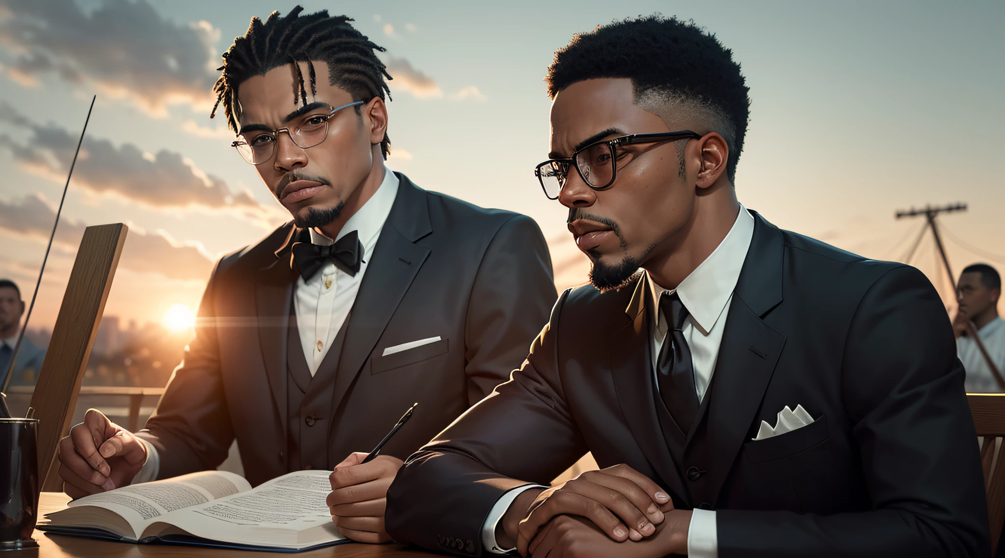 Na imagem fantasiosa de Malcolm X e Martin Luther King, we see a powerful and symbolic representation of the two civil rights leaders of the United States, lado a lado.

Martin Luther King is portrayed with a serene and composed posture, wearing a flawless suit and a bow tie, reflecting their peaceful and non-violent approach to the struggle for racial equality. Their eyes express the determination and vision of a more just and inclusive future.

Por outro lado, Malcolm X is represented with an imposing and energetic presence, wearing a charismatic costume with a bold tie and sunglasses, reflecting his more militant and revolutionary approach to the quest for equality and autonomy for African Americans. His gaze is intense and firm, demonstrating your conviction and inner strength.

Both are in a symbolic environment that combines urban and rural elements of the United States, representing their origins and the struggle for civil rights in various spheres of society.

Ao fundo, a landscape of cities and countryside blends with images of historical marching scenes, iconic rallies and speeches that both leaders held in their respective campaigns for social justice.

The sky above them is illuminated by a bright sun and dove-shaped clouds, symbolizing the hope and peace they sought for America's future.

in her hands, Both hold signs that contain messages of equality, freedom and mutual respect, highlighting the unity and mutual understanding they aimed to achieve on their journeys.

This fanciful image of Malcolm X and Martin Luther King personifies the importance and complementarity of these two leaders, whose distinct approaches brought significant advances in the struggle for civil rights in the United States. They are portrayed as immortal historical figures, cujo legado continua a inspirar e influenciar movimentos sociais ao redor do mundo.