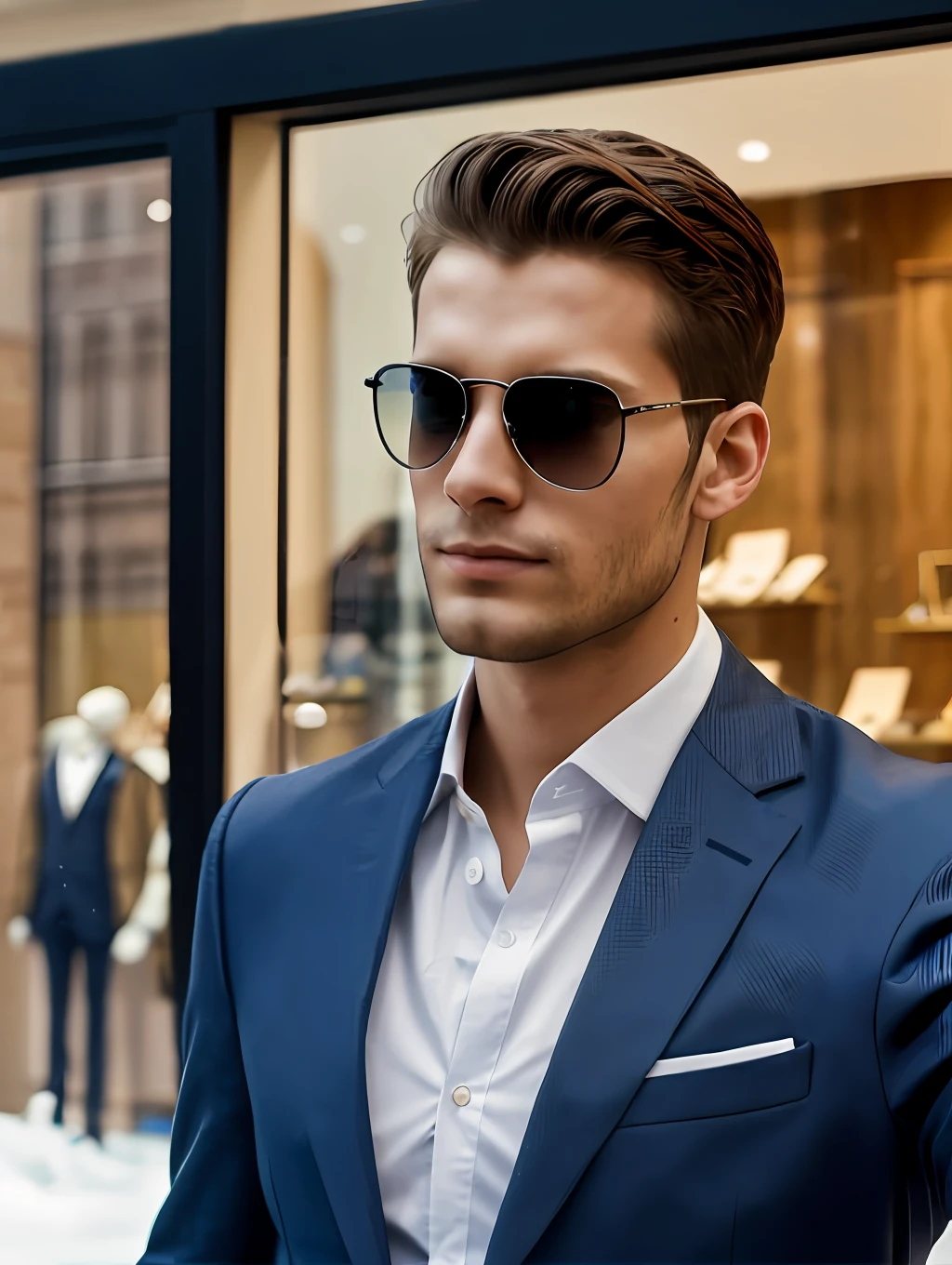 A young man stands at the window of a jewelry store and takes a selfie on his smartphone. He looks directly into the camera, Blue eyes stand out brightly on his snow-white skin. He wears dark sunglasses on his head, which gives it a fashionable and stylish look. The man is wearing a light-colored suit and tie, which gives the impression of a business person. Around the young man, numerous pieces of jewelry can be seen in the shop windows, which are reflected in the inside of the glasses. The photo was taken in high resolution, which allows you to clearly trace the details on the face of the young man and around him.