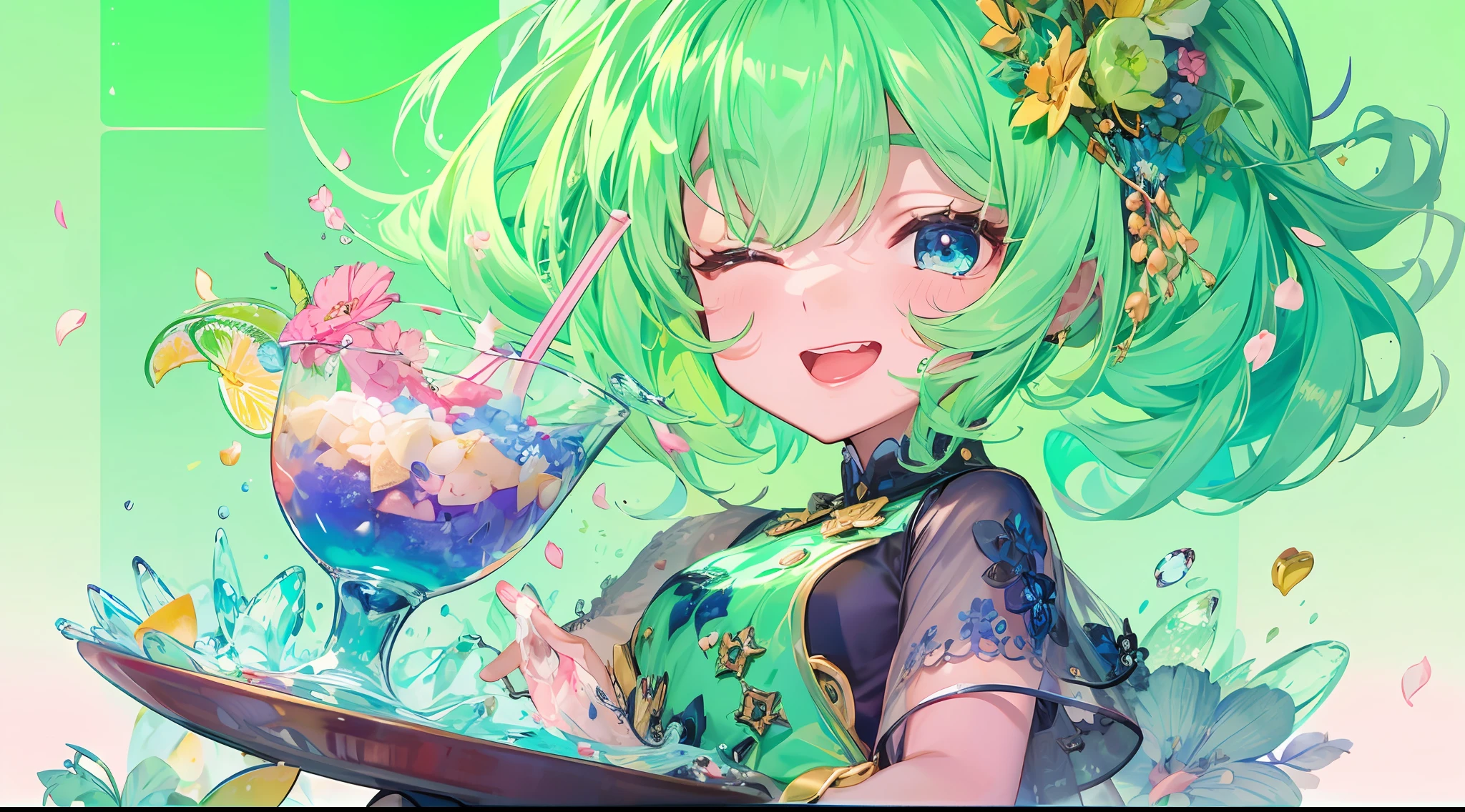 A kawaii girl is pouring a cocktail with a flourish, petals of blue and green cascading around her as she creates a dazzling display.