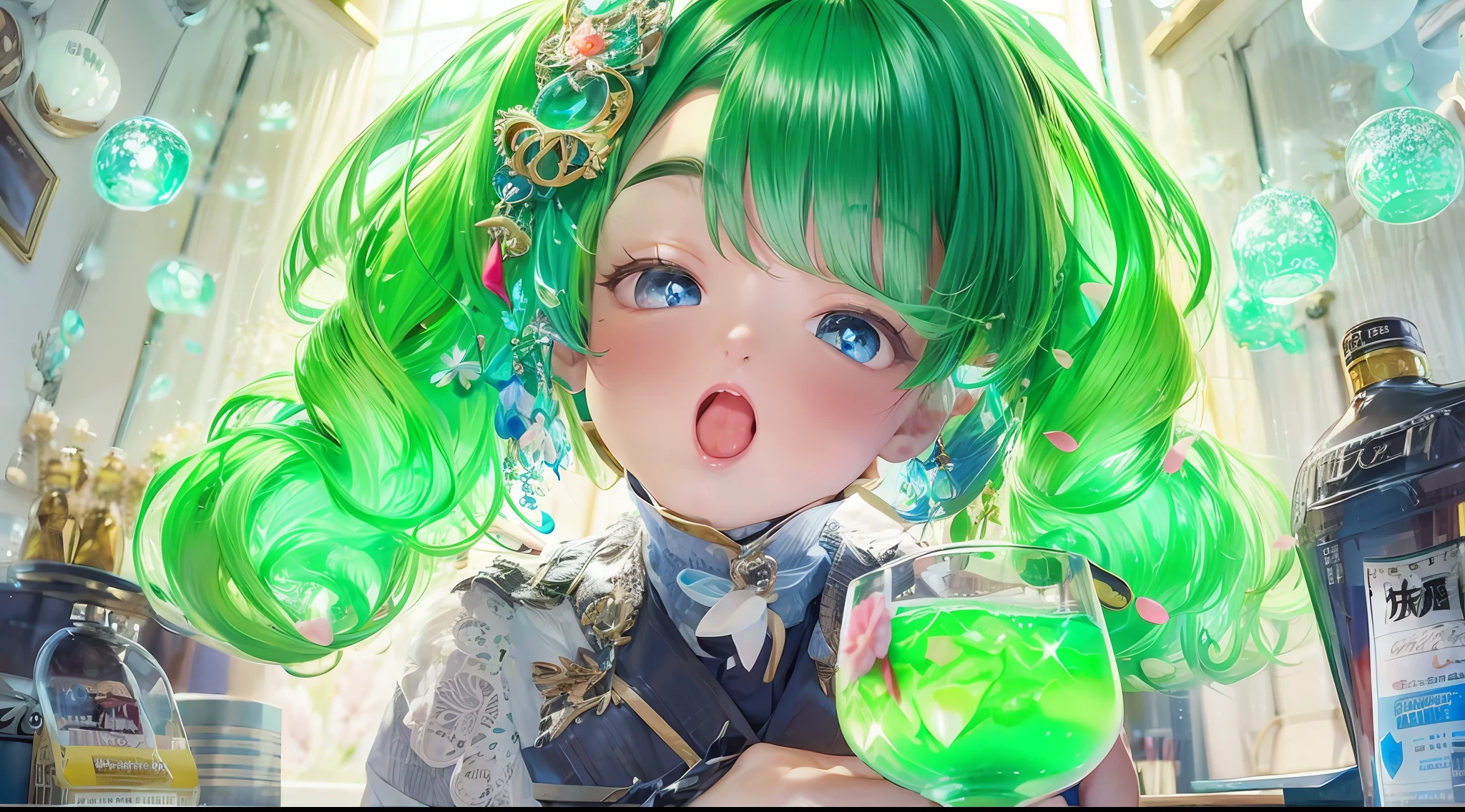 A kawaii girl is pouring a cocktail with a flourish, petals of blue and green cascading around her as she creates a dazzling display.