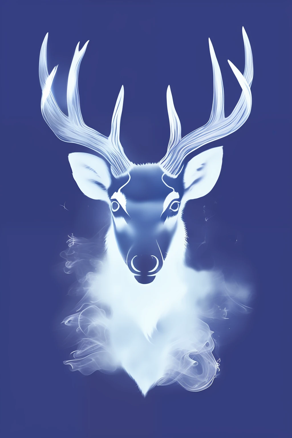 Create a T-shirt print of a blue crimson smoke deer|fundo roxo, olhando para lente