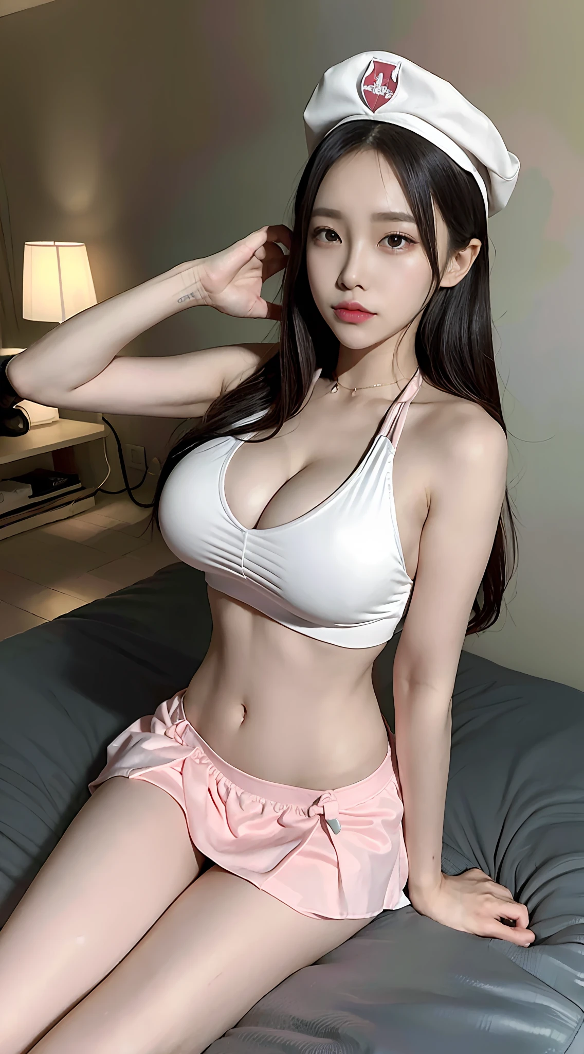 超高分辨率，8K，Parameters of the best quality，tmasterpiece，超高分辨率，Detailed skins，Crazy Details and Complexity，ultra-realistic realism，Hyper-detail of surrealism，super detailing，hentail realism，ultra-realistic realism，Nurse Cosplay，Little nurse cap，Pink bandeau，Kneeling，All-over cutout top，braziers，Big breasts Thin waist，Ant Waist，Round breasts，legs are open，legs are open，28 year old，sweat leggs，delicate hand，a skirt